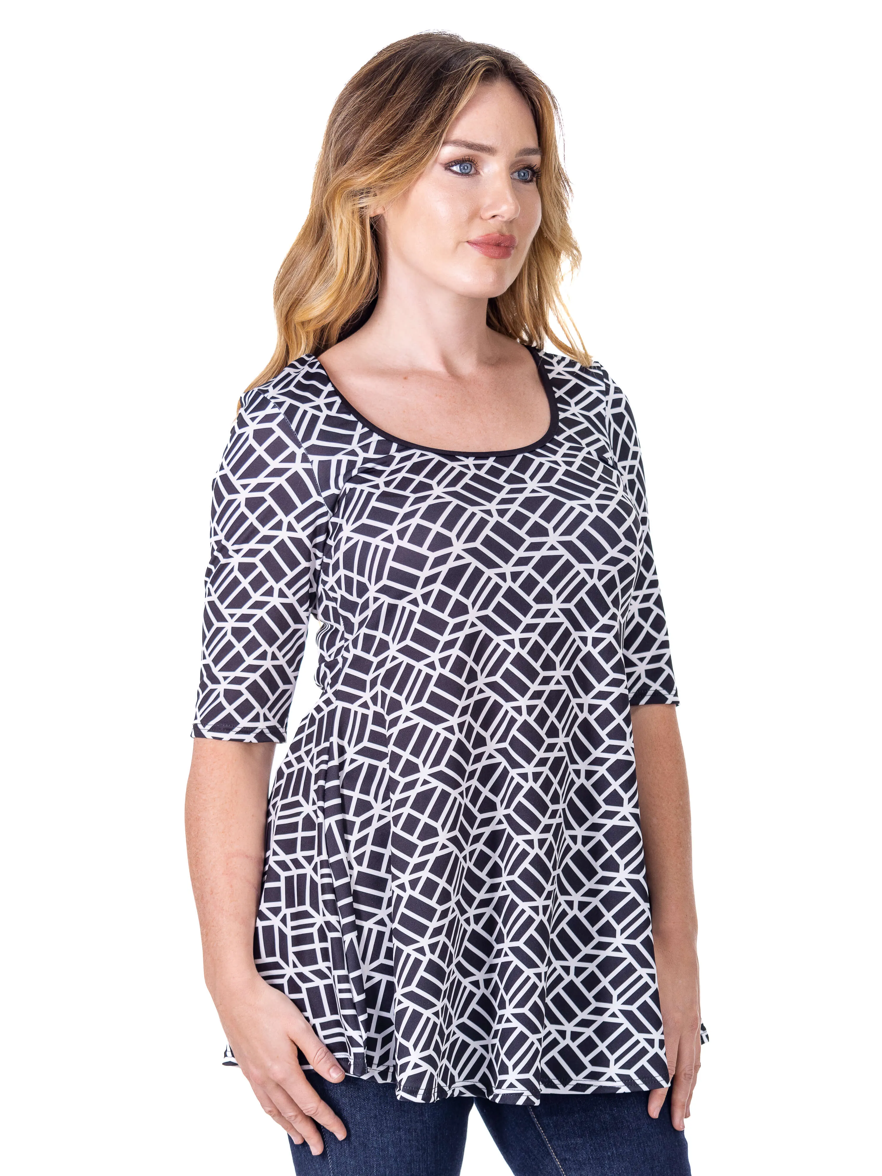 Womens Black Geometric Print Elbow Sleeve Casual Tunic Top sold by 24/7 Comfort Apparel product image thumbnail 3
