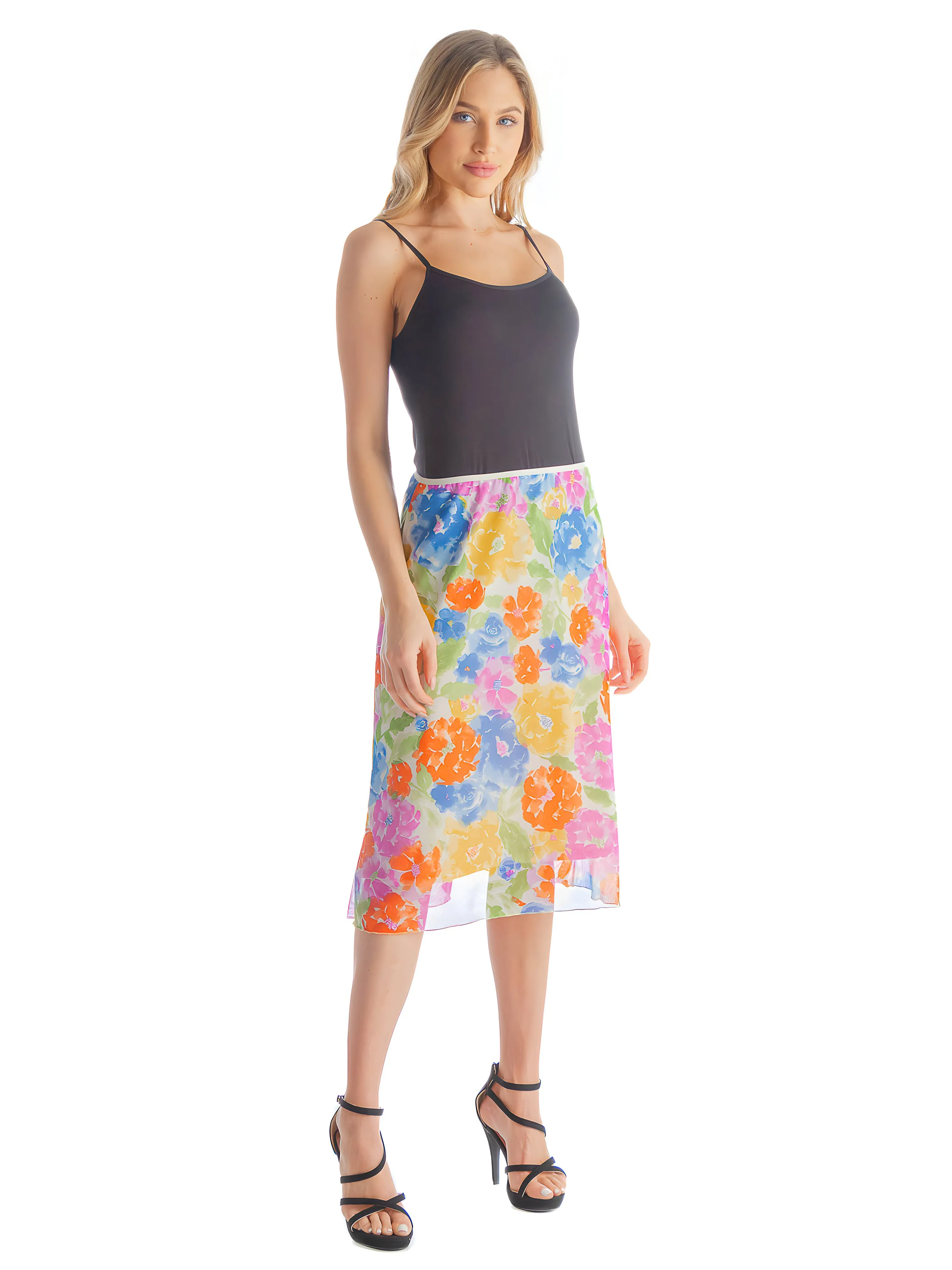 Colorful Spring Floral Sheer Overlay Elastic Waist Knee Length Skirt sold by 24/7 Comfort Apparel product image thumbnail 2