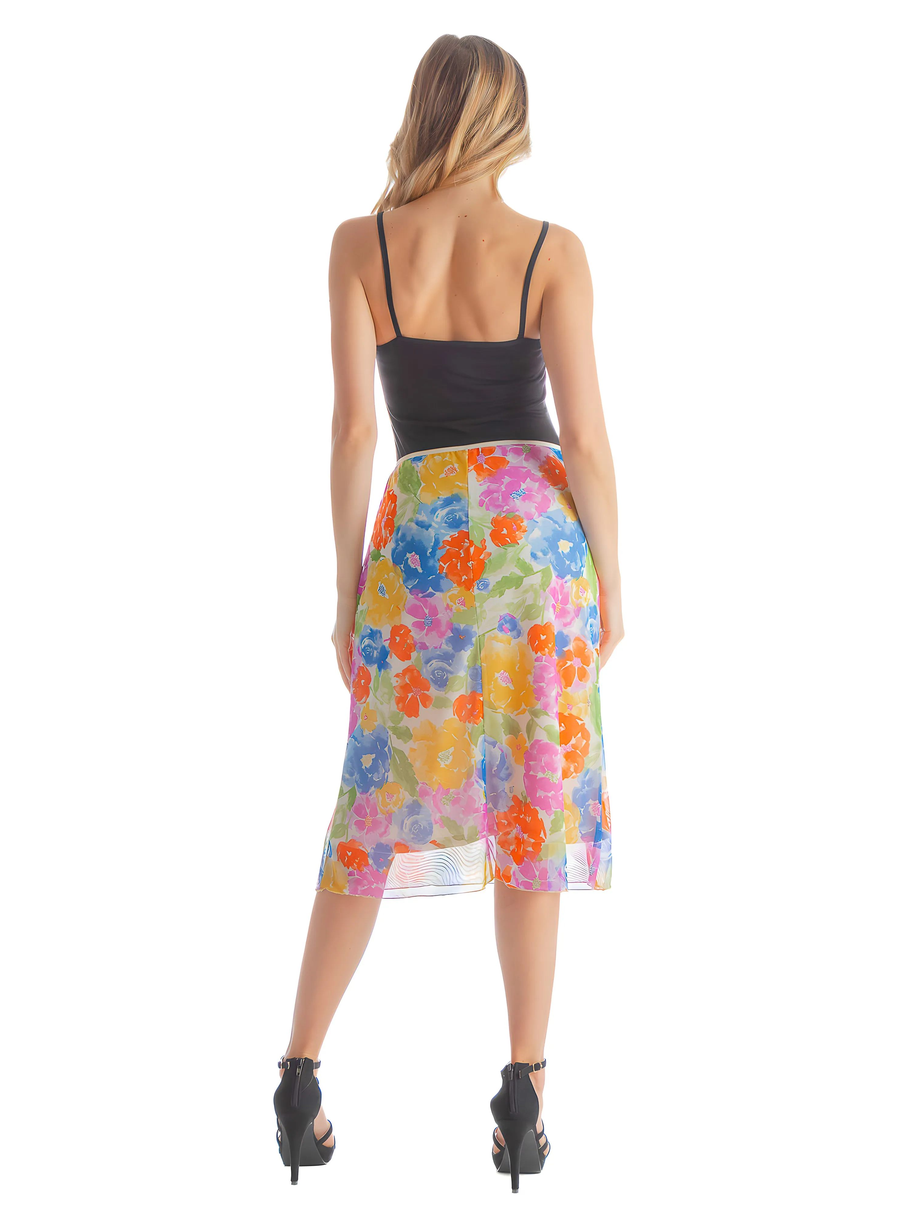 Colorful Spring Floral Sheer Overlay Elastic Waist Knee Length Skirt sold by 24/7 Comfort Apparel product image thumbnail 3