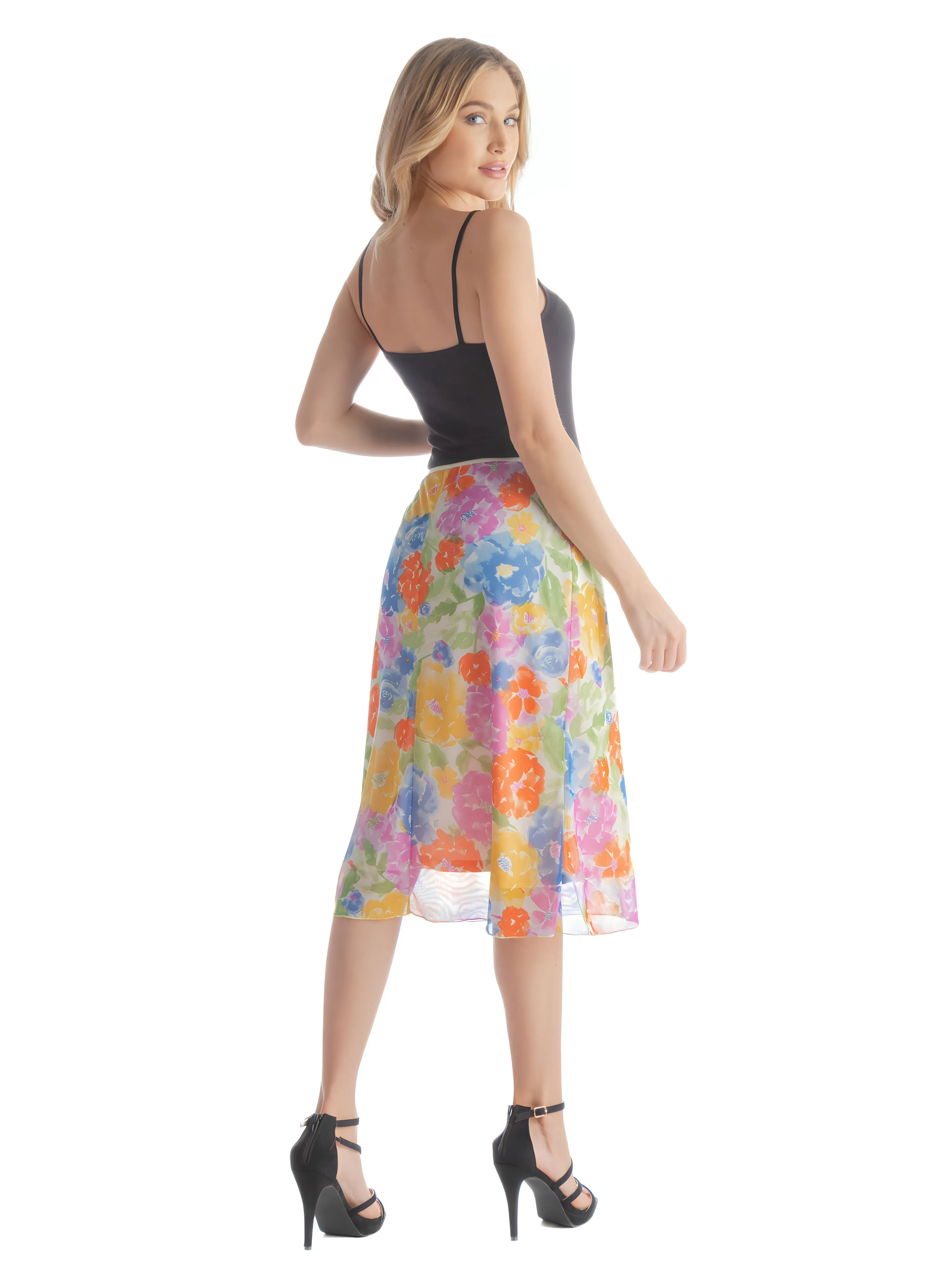 Colorful Spring Floral Sheer Overlay Elastic Waist Knee Length Skirt sold by 24/7 Comfort Apparel product image thumbnail 4