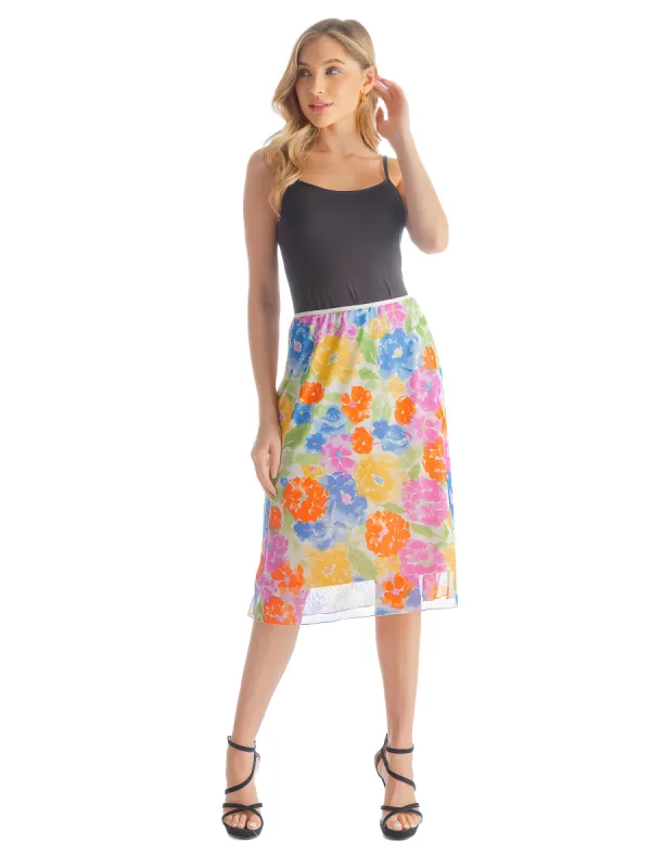 Colorful Spring Floral Sheer Overlay Elastic Waist Knee Length Skirt sold by 24/7 Comfort Apparel