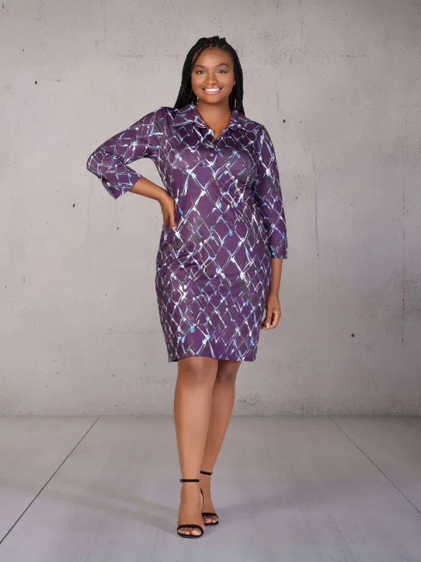 Plus Size Purple Geometric Print Three Quarter Sleeve Collar Mini Dress sold by 24/7 Comfort Apparel
