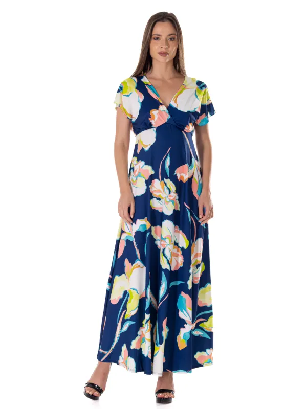 Womens Navy Floral Print V Neck Empire Waist Kimono Cap Sleeve Maxi Dress sold by 24/7 Comfort Apparel