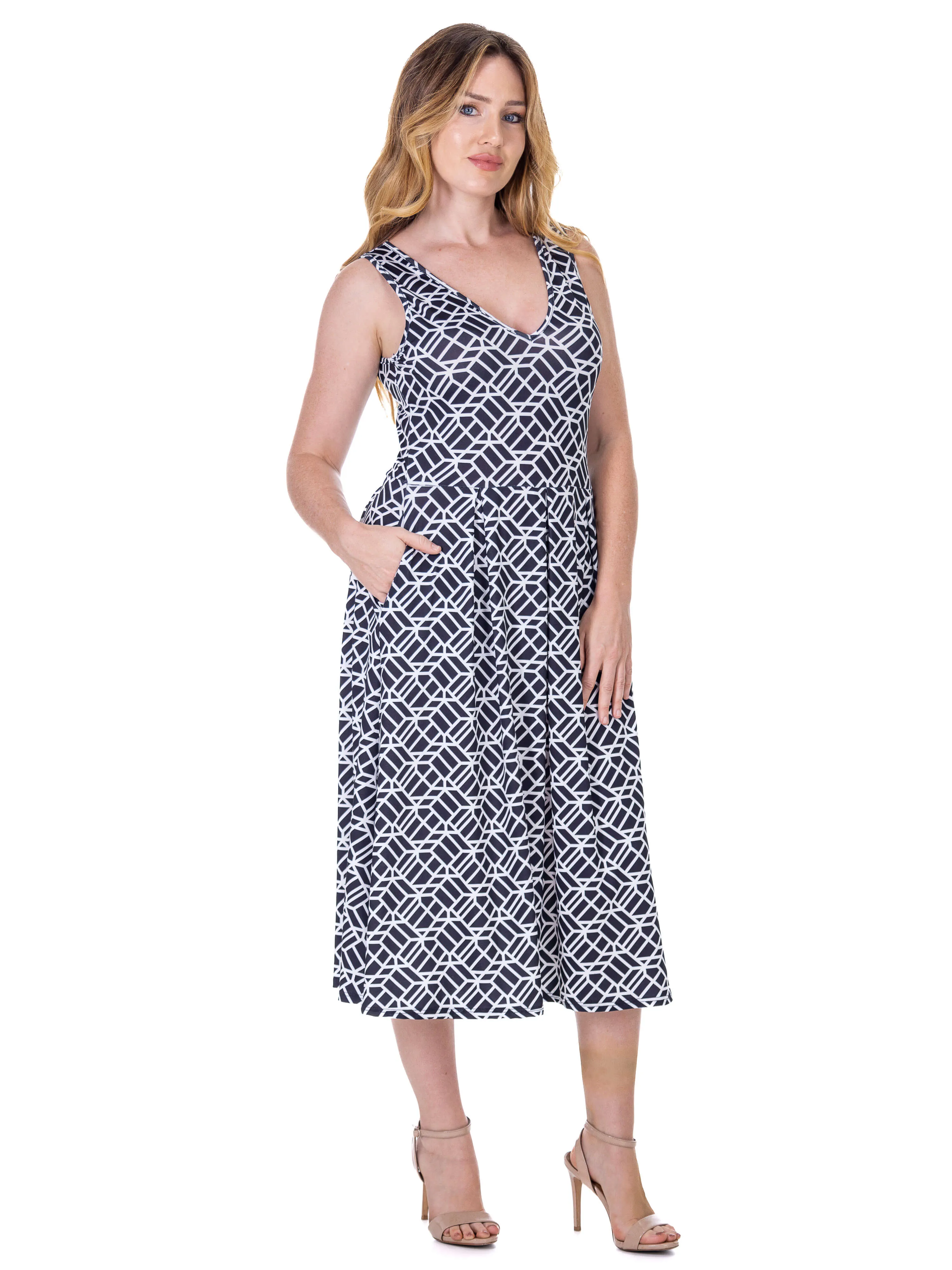Womens Midi Length Black Geo Print Sleeveless Pleated Pocket Dress sold by 24/7 Comfort Apparel product image thumbnail 4