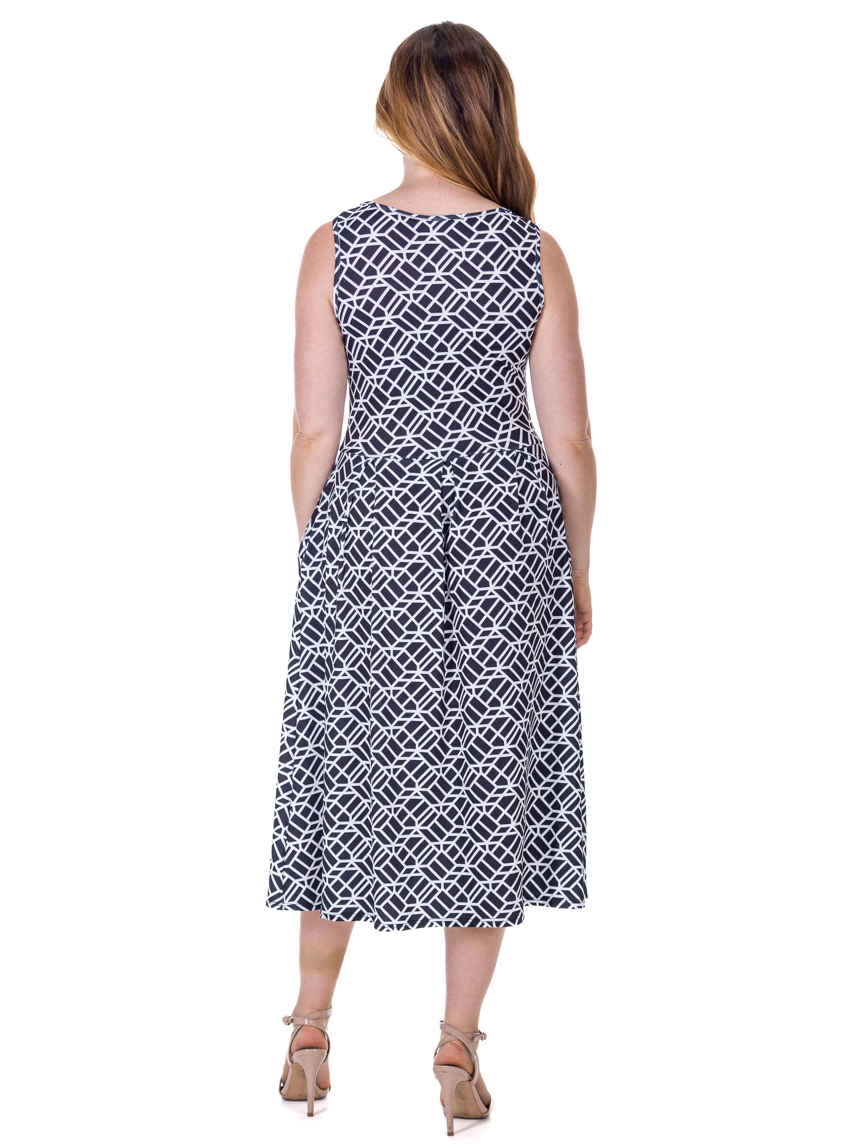 Womens Midi Length Black Geo Print Sleeveless Pleated Pocket Dress sold by 24/7 Comfort Apparel product image thumbnail 5