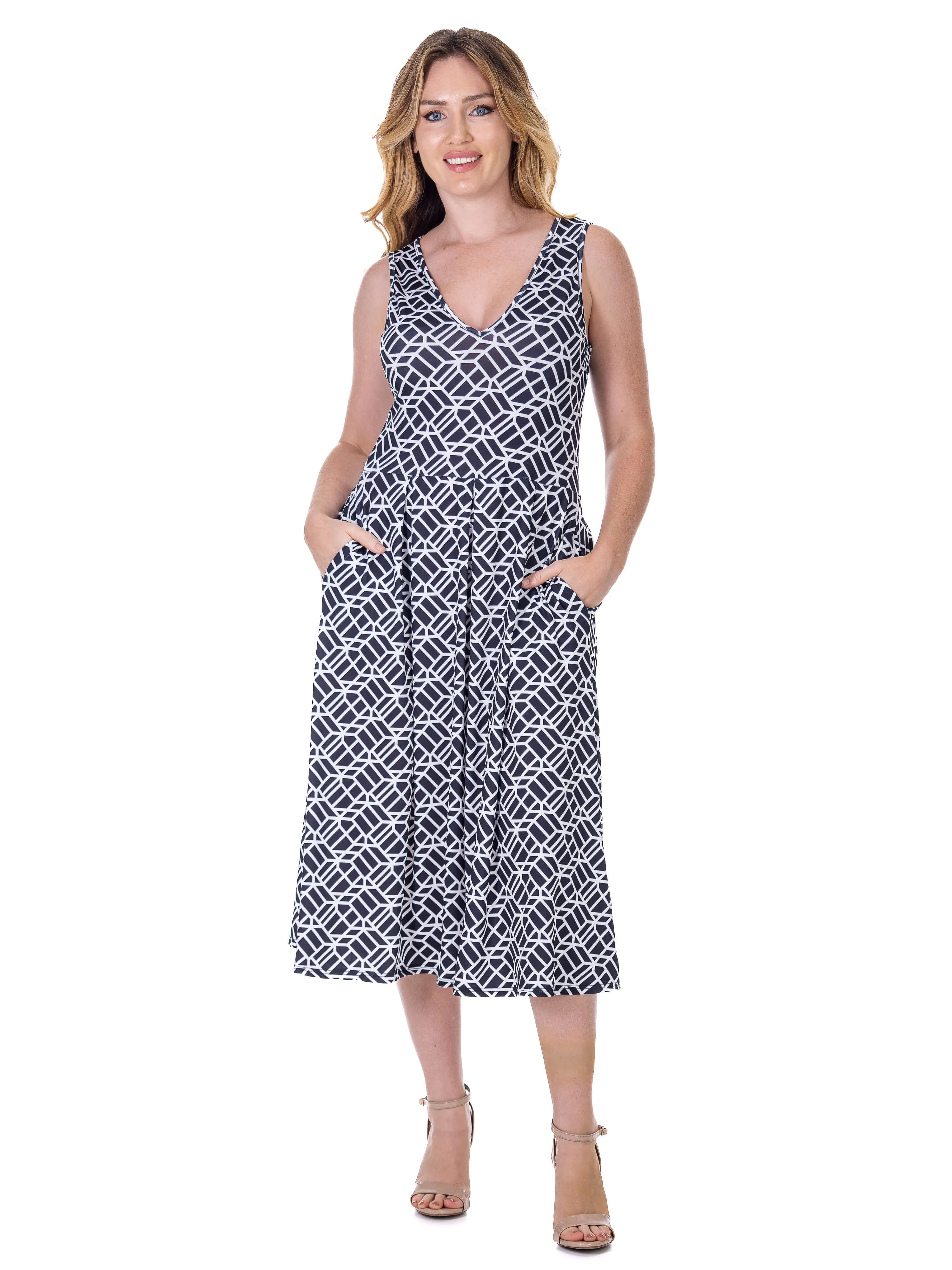 Womens Midi Length Black Geo Print Sleeveless Pleated Pocket Dress sold by 24/7 Comfort Apparel product image thumbnail 3