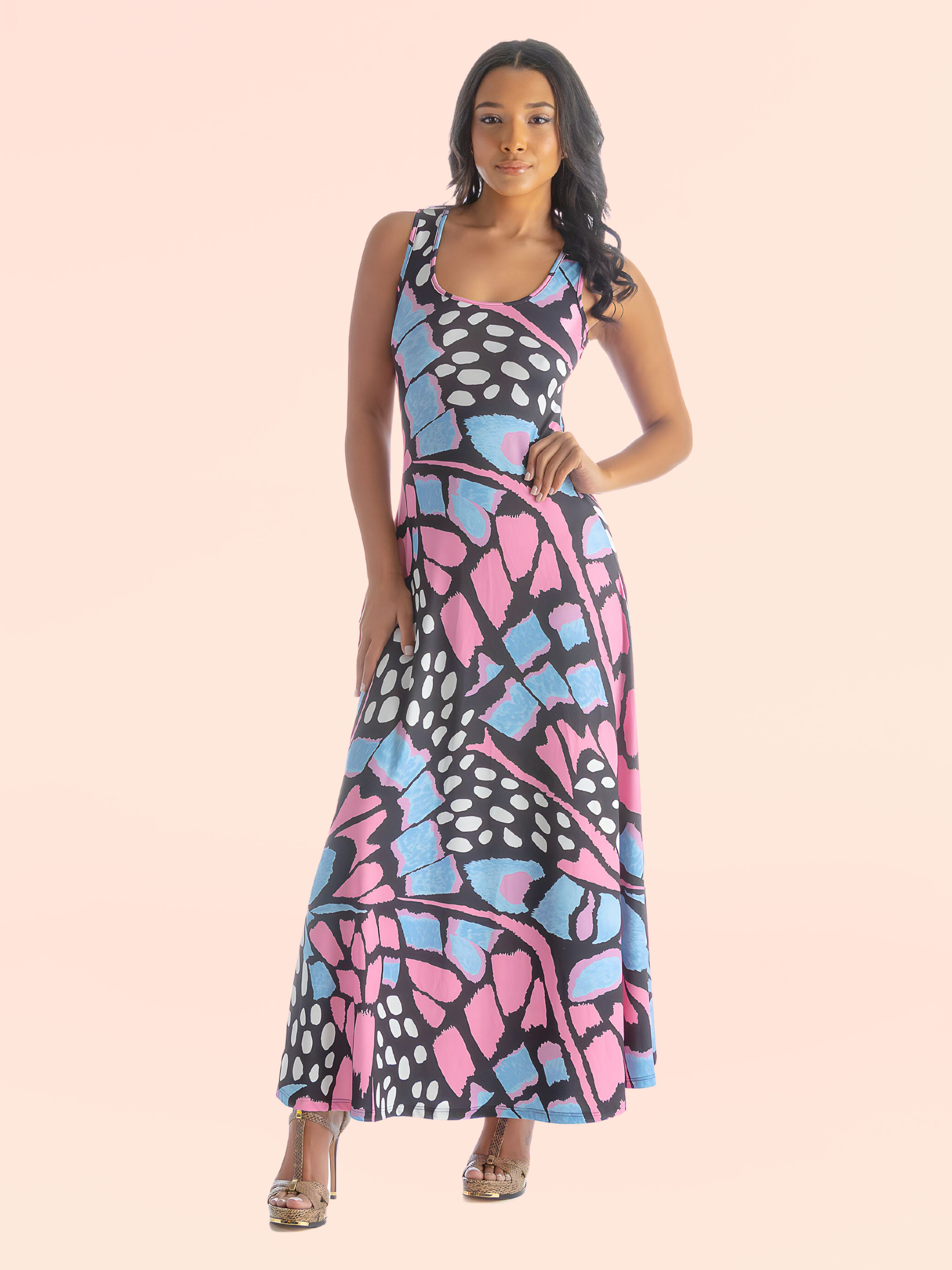 Womens Blue Butterfly Print Sleeveless Loose Long Casual Maxi Dress sold by 24/7 Comfort Apparel