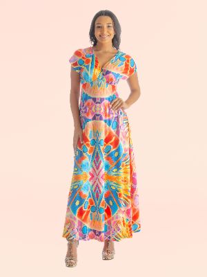 Multicolor Print V Neck Cap Sleeve Flowy Empire Waist Maxi Dress sold by 24/7 Comfort Apparel