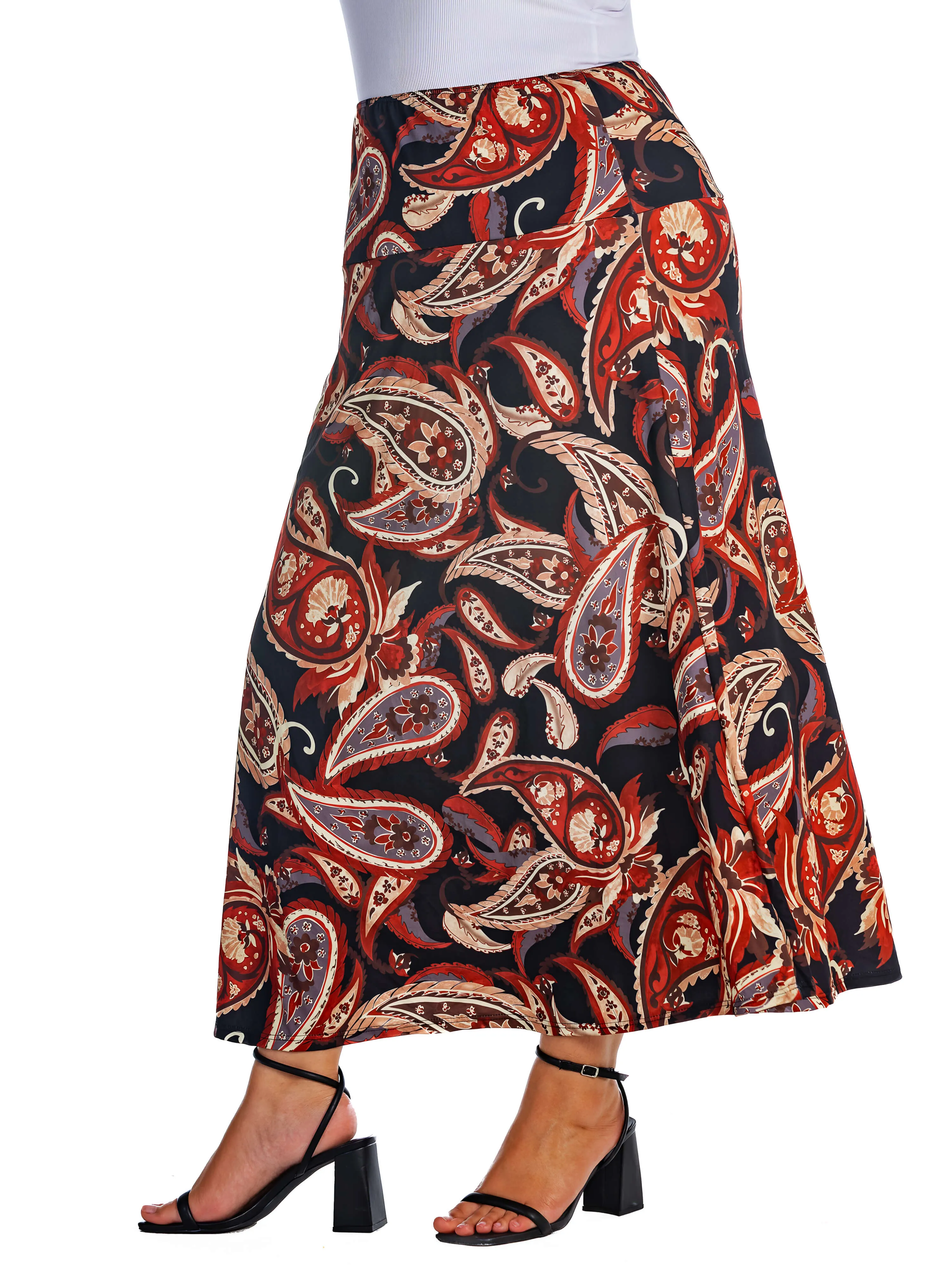 Black and Red Paisley Print Plus Size Maxi Skirt sold by 24/7 Comfort Apparel