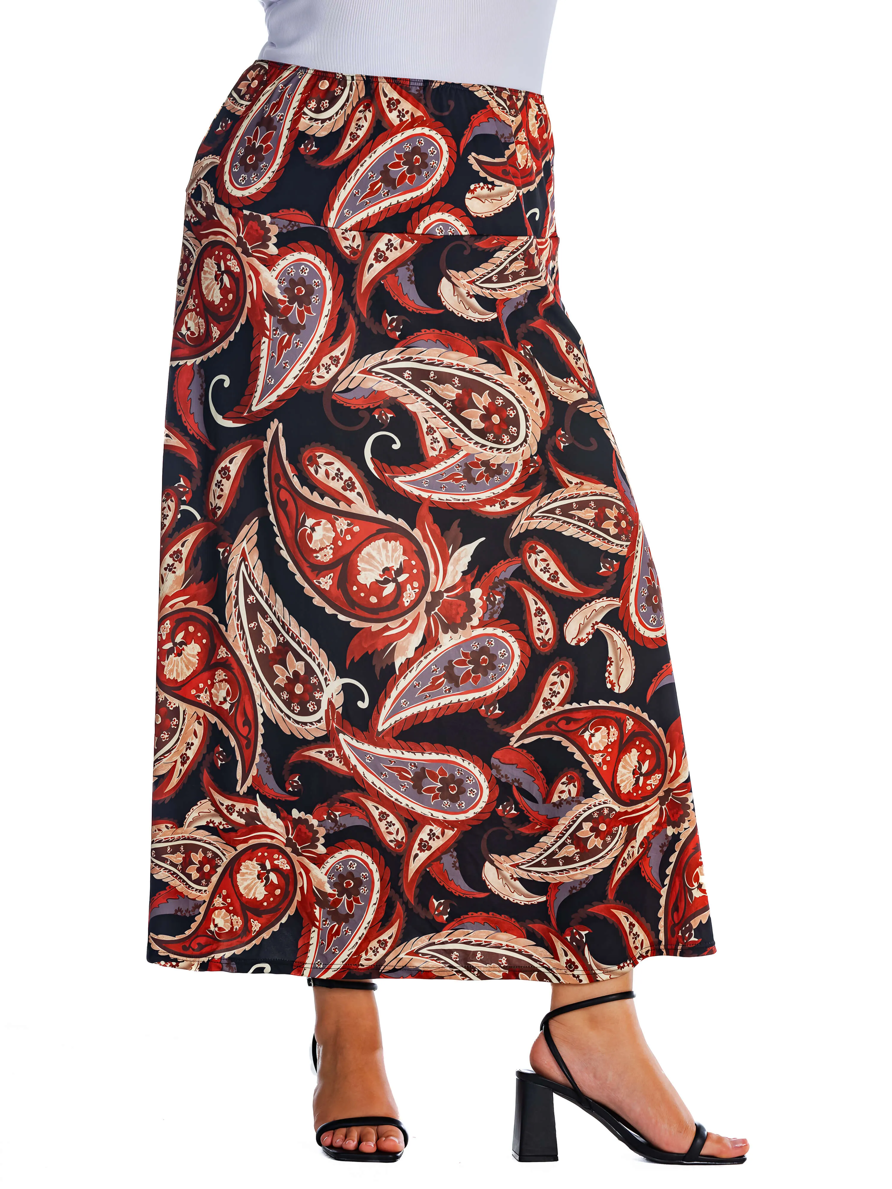 Black and Red Paisley Print Plus Size Maxi Skirt sold by 24/7 Comfort Apparel product image thumbnail 3