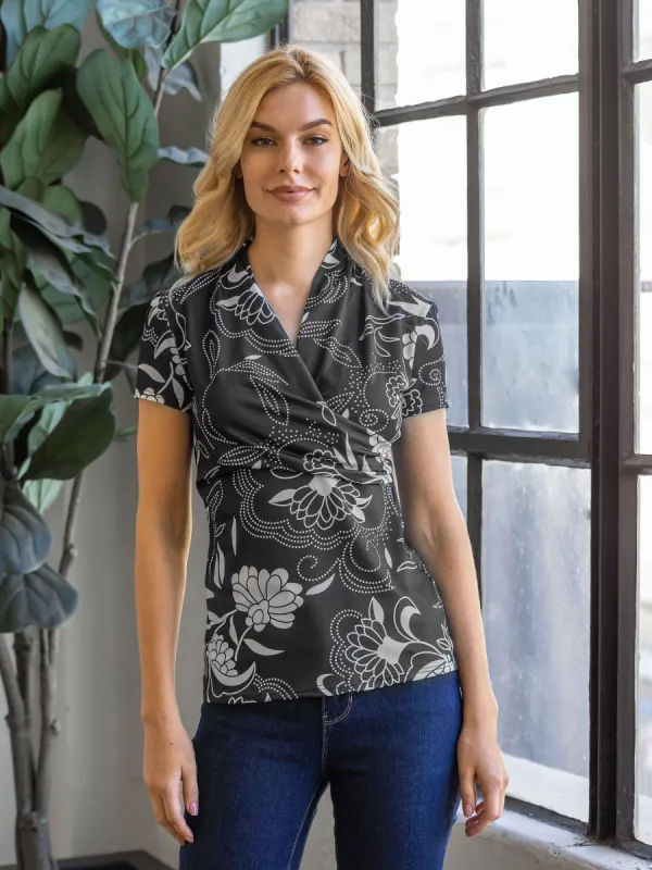 Womens Black and White Short Sleeve V Neck Wrap Top sold by 24/7 Comfort Apparel