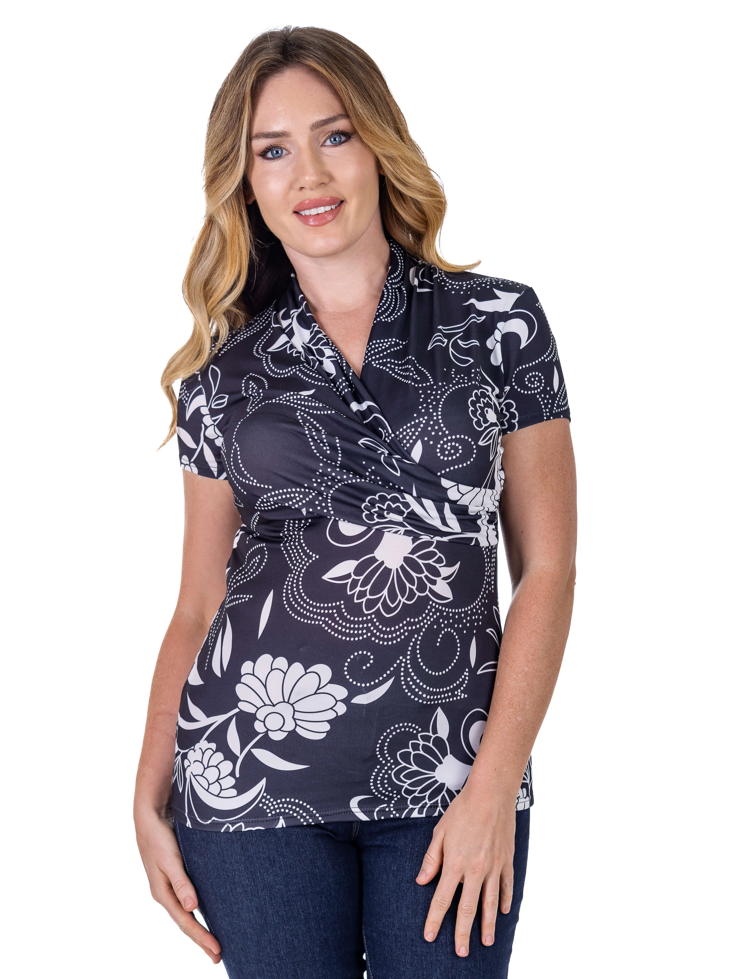 Womens Black and White Short Sleeve V Neck Wrap Top sold by 24/7 Comfort Apparel product image thumbnail 3