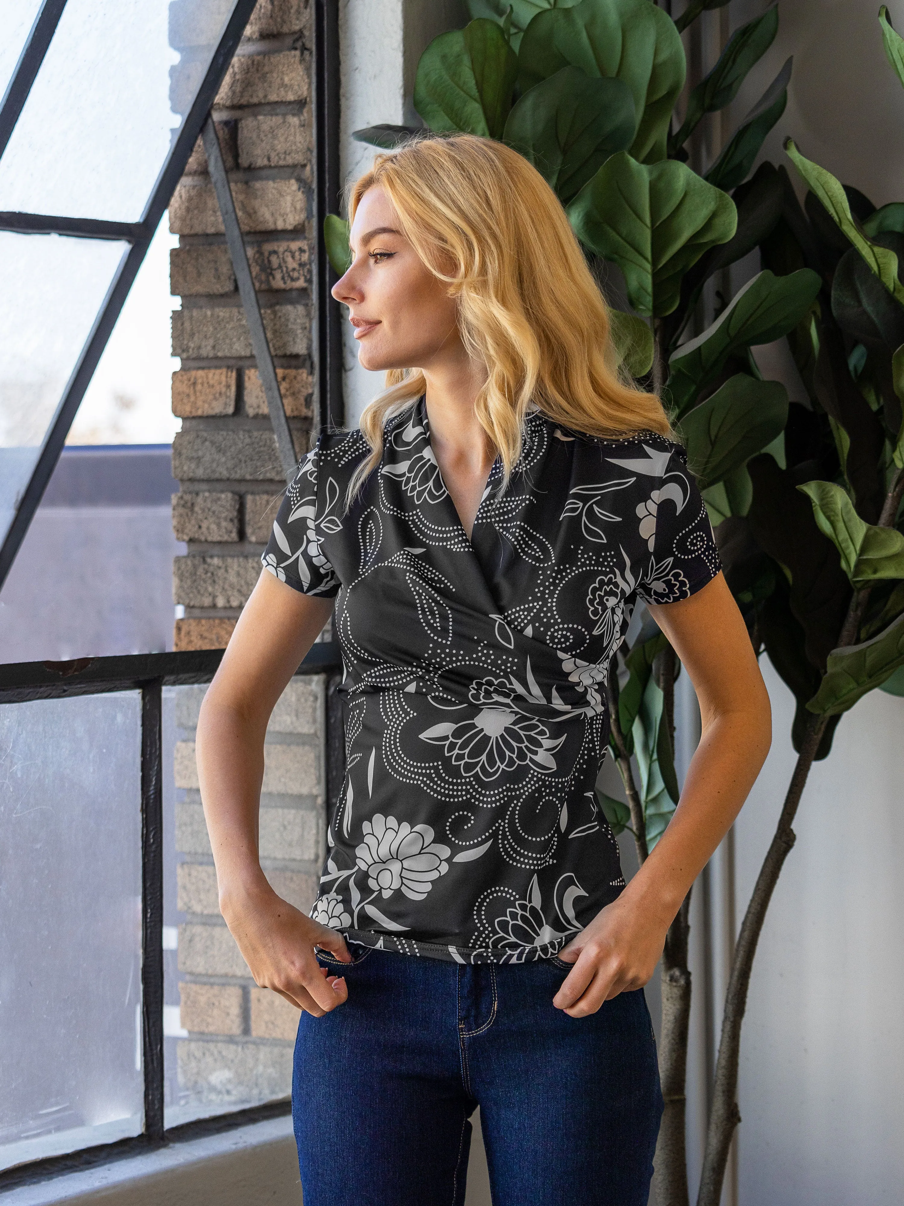 Womens Black and White Short Sleeve V Neck Wrap Top sold by 24/7 Comfort Apparel product image thumbnail 2