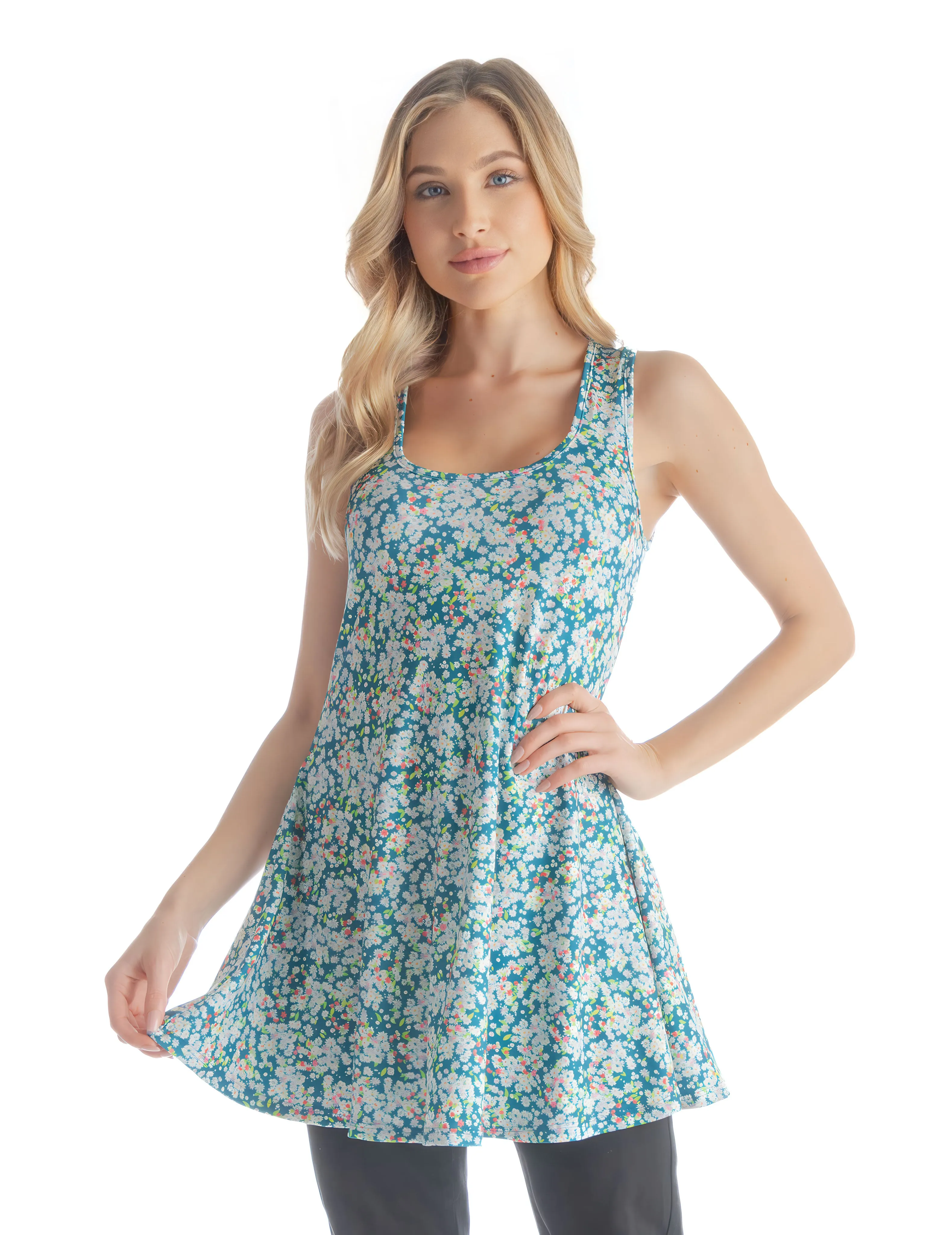 Teal Tiny Floral Print Scoop Neck Tank Top sold by 24/7 Comfort Apparel product image thumbnail 4