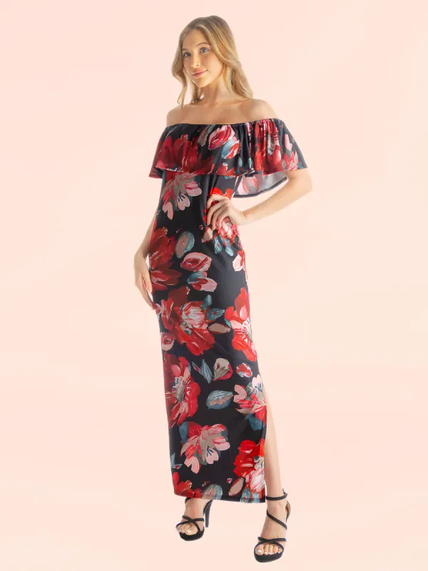 Off Shoulder Red Floral Print Maxi Side Slit Dress sold by 24/7 Comfort Apparel