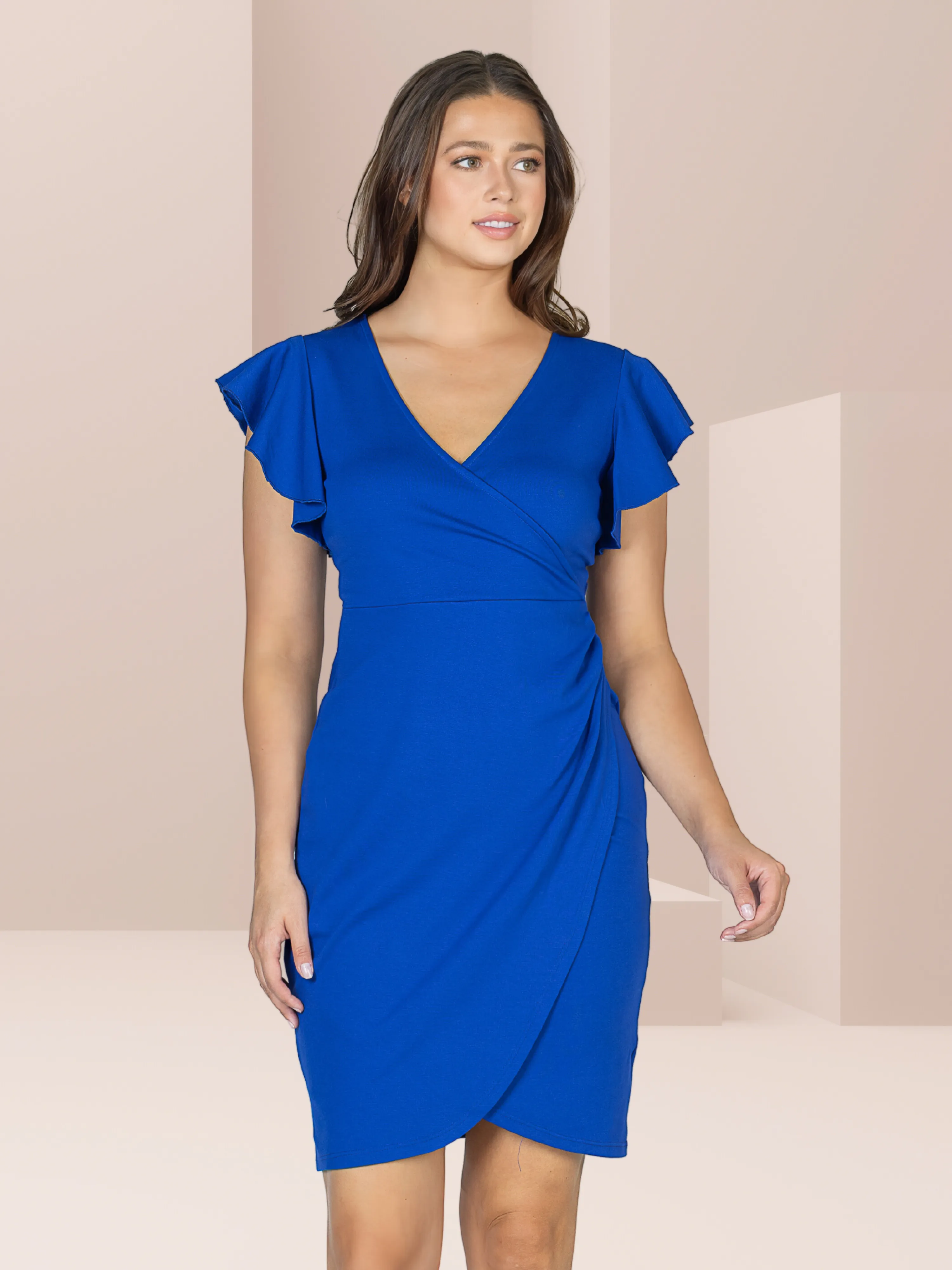 Womens V Neck Ruffle Sleeve Knee Length Dress sold by 24/7 Comfort Apparel