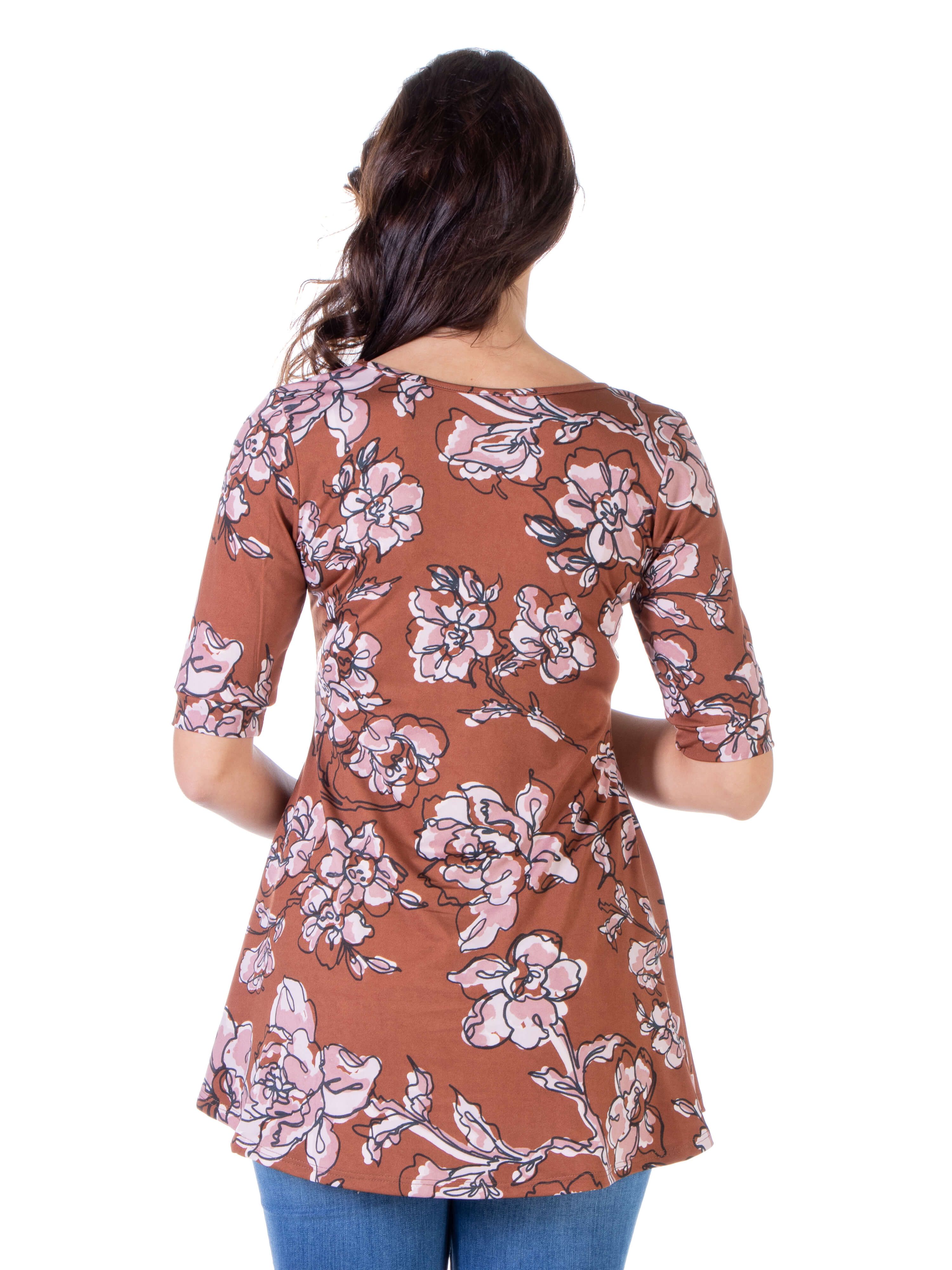 Brown Floral Elbow Sleeve Maternity Henley Tunic Top sold by 24/7 Comfort Apparel product image thumbnail 3