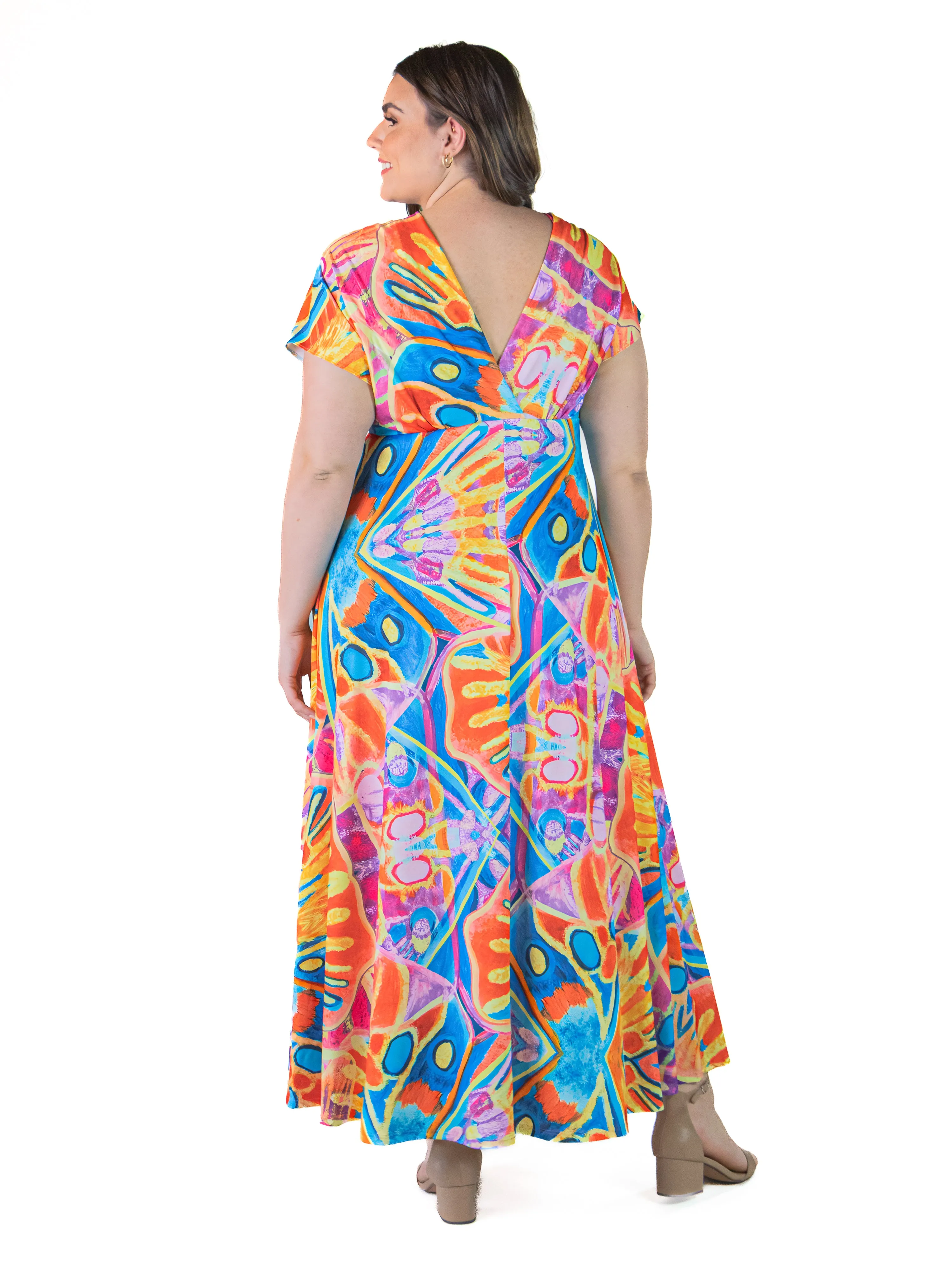 Plus Size Multicolor Print V Neck Cap Sleeve Flowy Empire Waist Maxi Dress sold by 24/7 Comfort Apparel product image thumbnail 3
