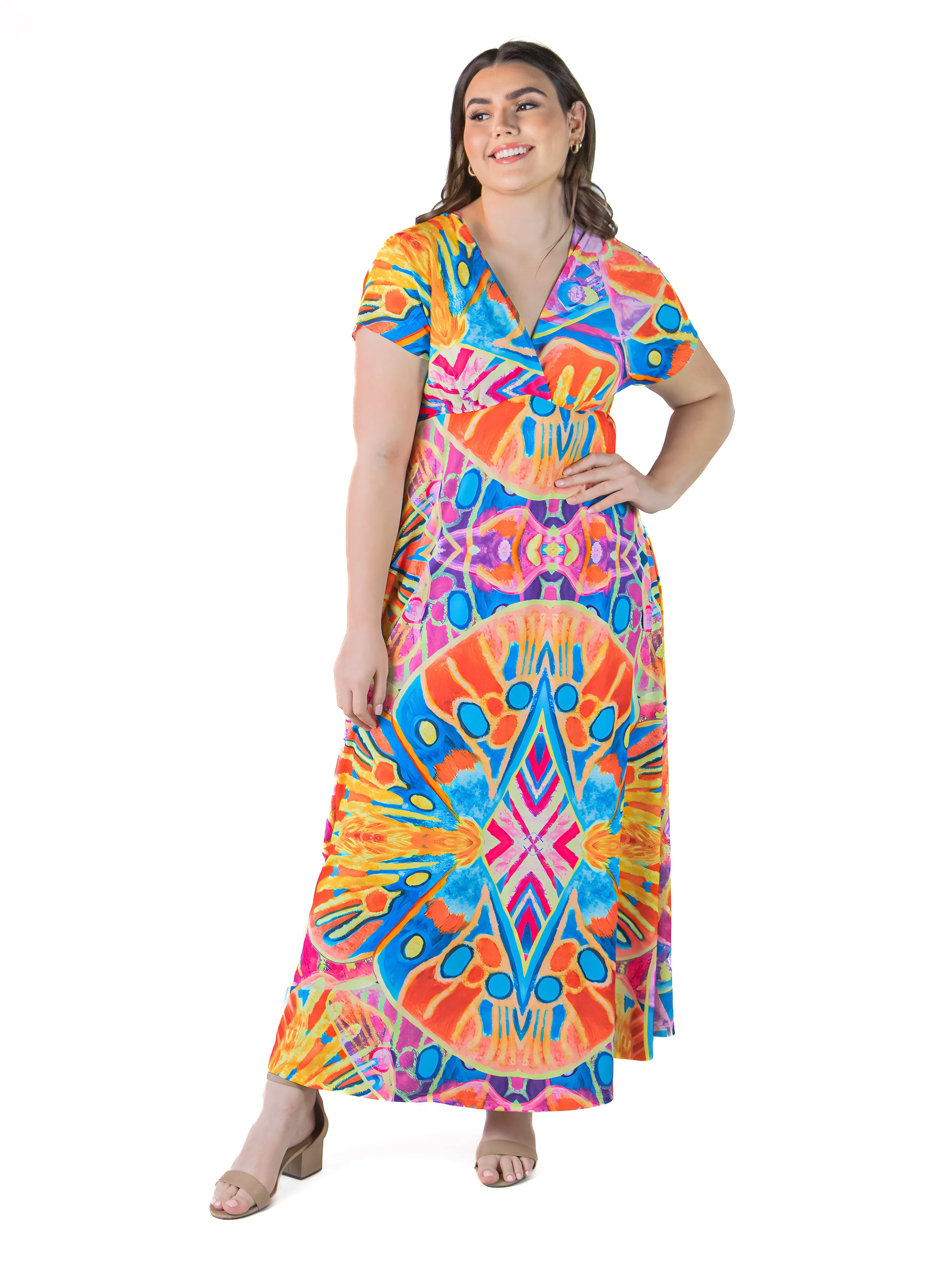 Plus Size Multicolor Print V Neck Cap Sleeve Flowy Empire Waist Maxi Dress sold by 24/7 Comfort Apparel product image thumbnail 4