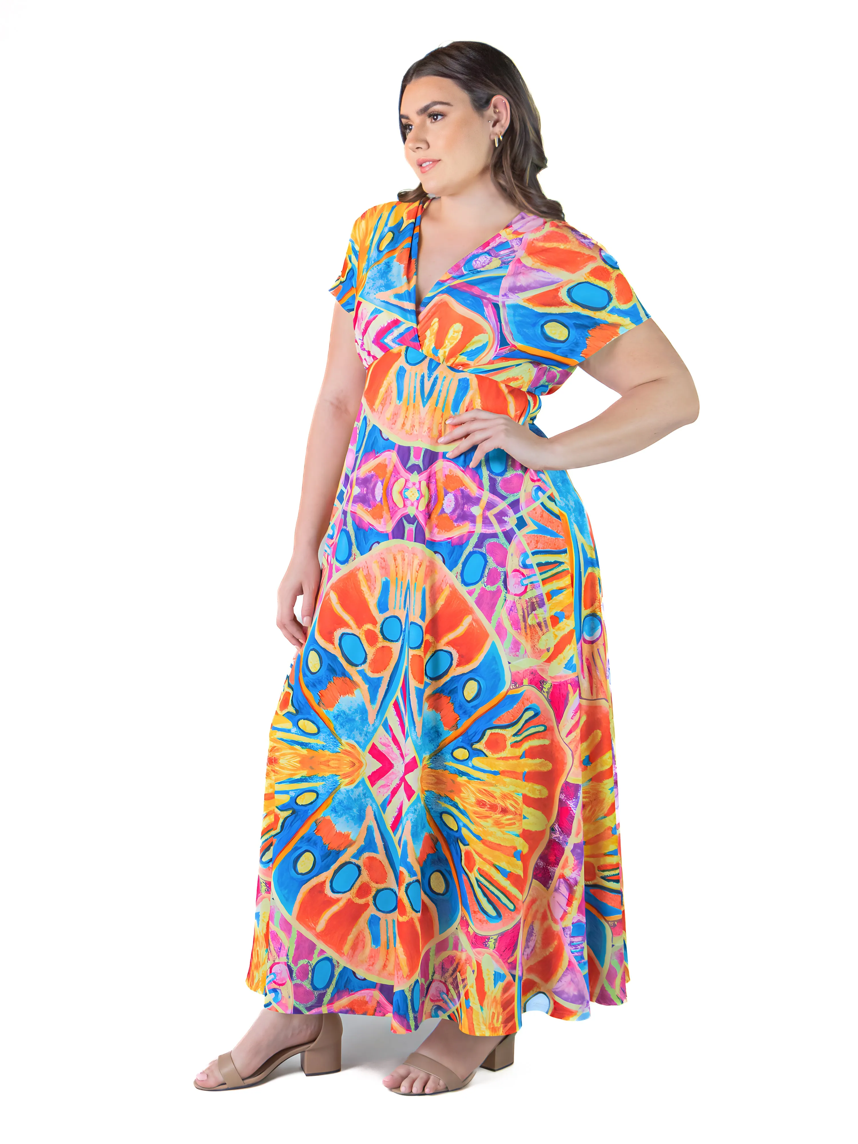 Plus Size Multicolor Print V Neck Cap Sleeve Flowy Empire Waist Maxi Dress sold by 24/7 Comfort Apparel product image thumbnail 2