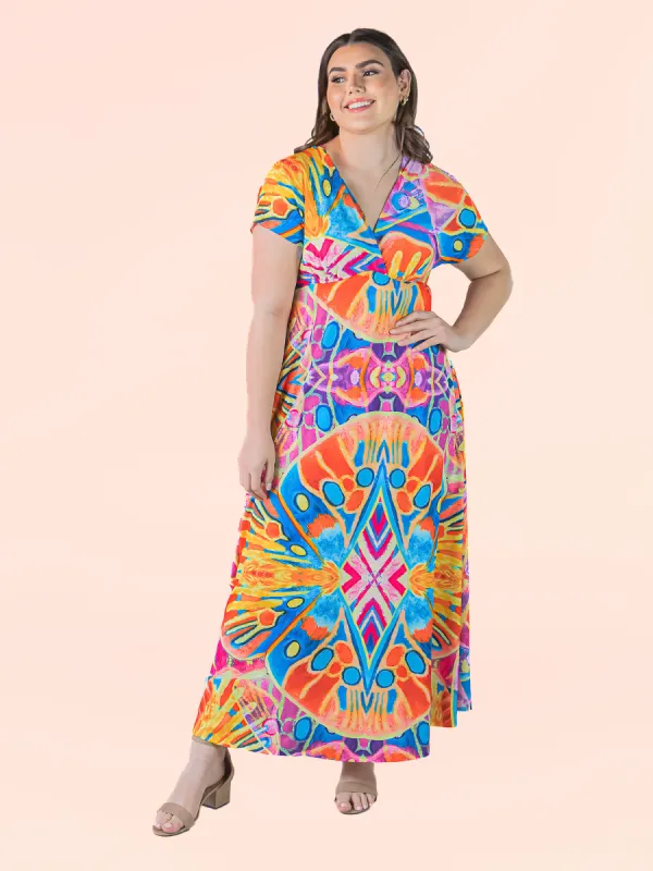 Plus Size Multicolor Print V Neck Cap Sleeve Flowy Empire Waist Maxi Dress sold by 24/7 Comfort Apparel