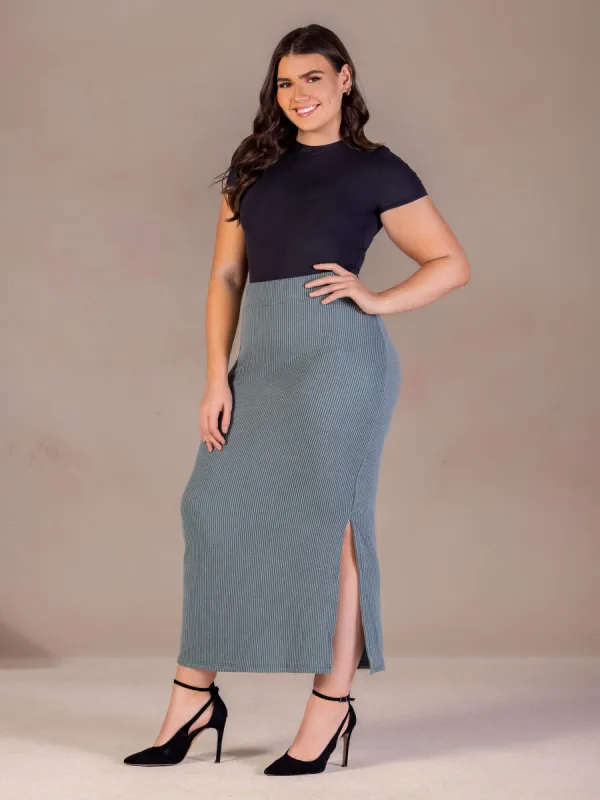 Plus Size Ribbed Knit Side Slit Elastic Waist Maxi Skirt sold by 24/7 Comfort Apparel