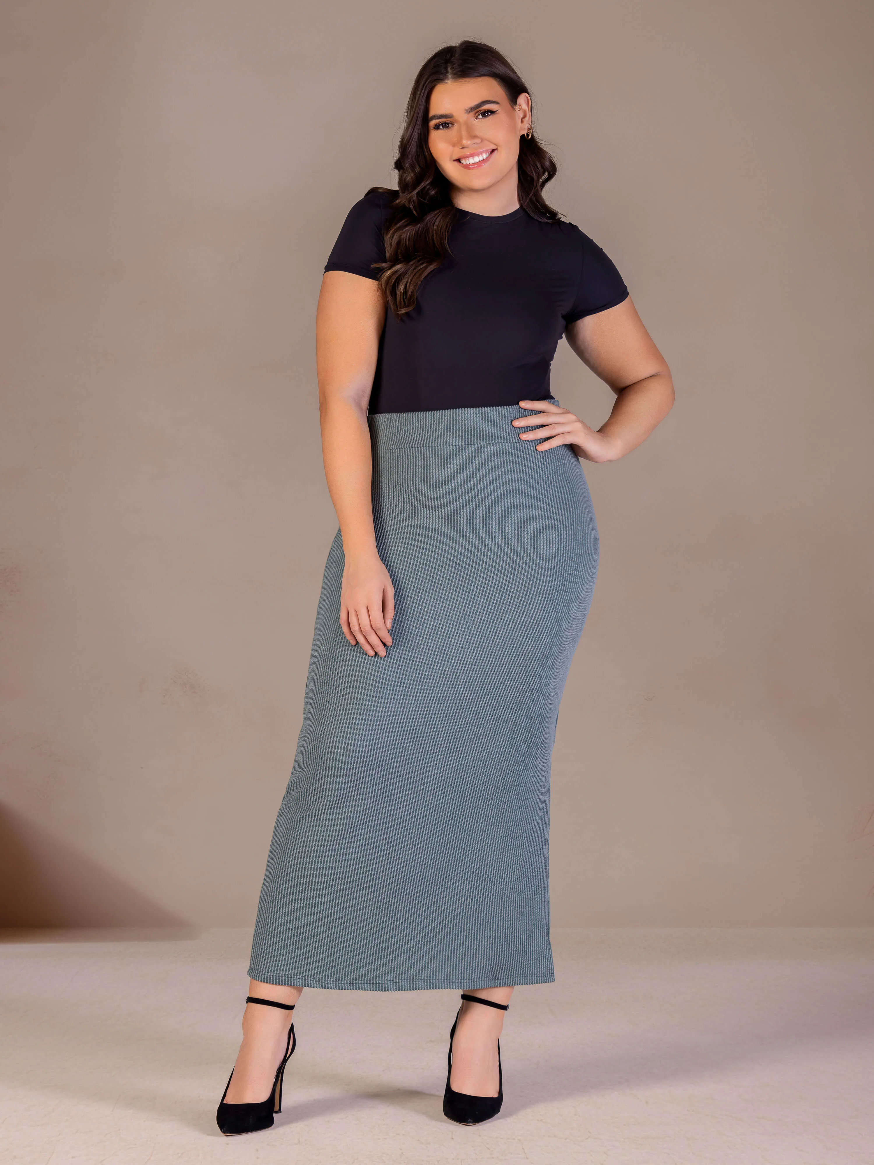 Plus Size Ribbed Knit Side Slit Elastic Waist Maxi Skirt sold by 24/7 Comfort Apparel product image thumbnail 2