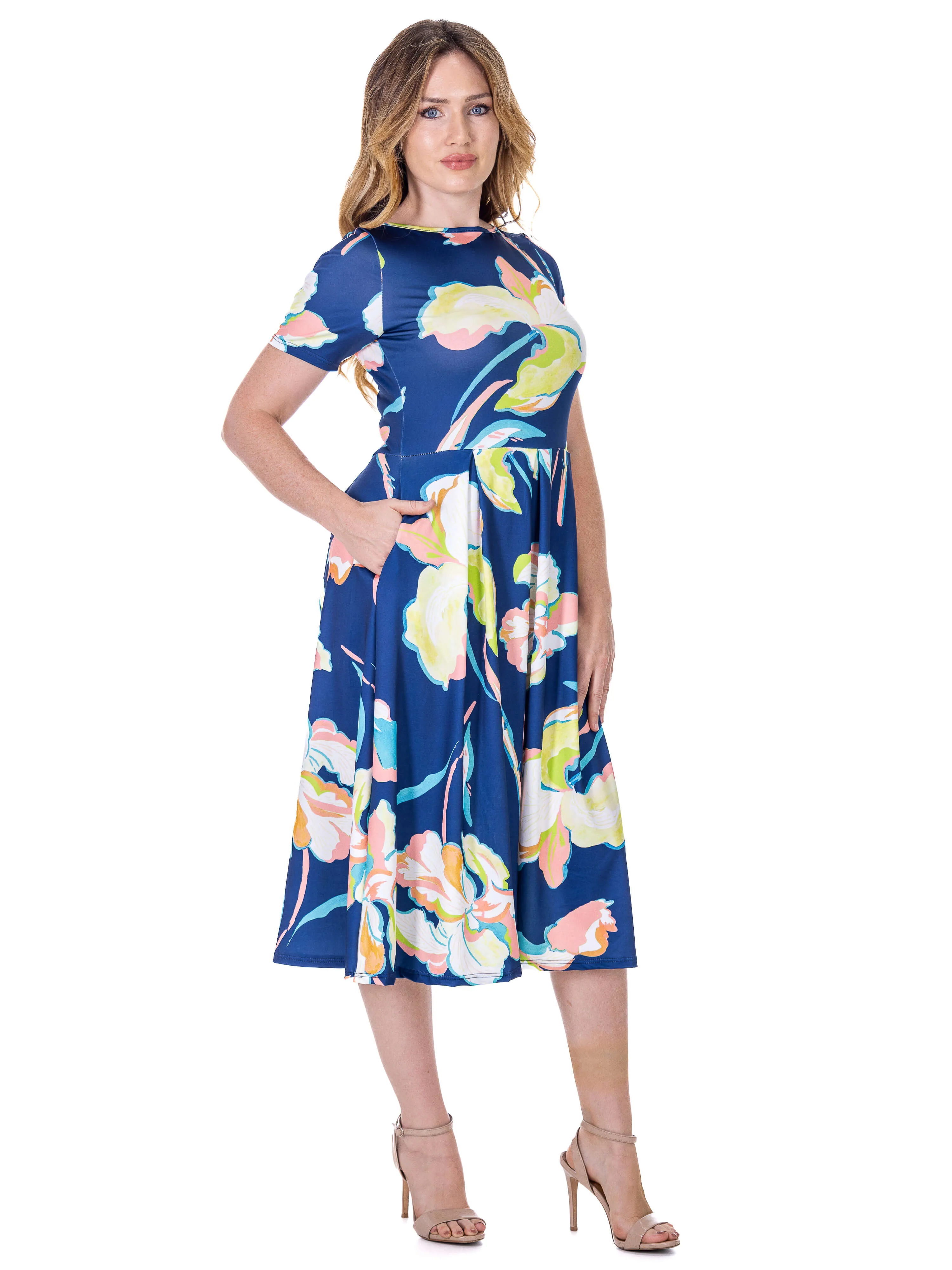 Womens Blue Floral Short Sleeve Pleated Flare Midi Pocket Dress sold by 24/7 Comfort Apparel product image thumbnail 4