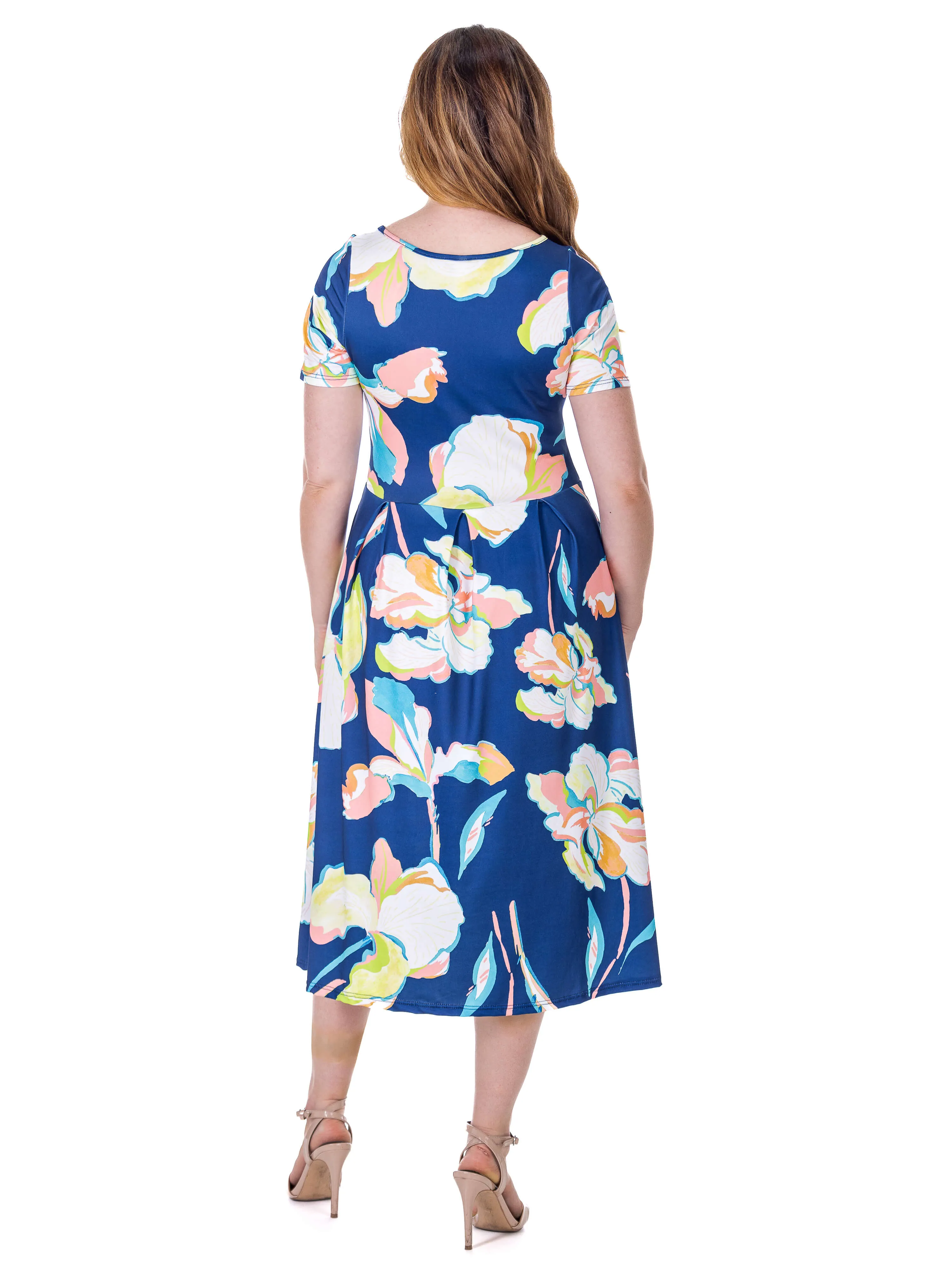 Womens Blue Floral Short Sleeve Pleated Flare Midi Pocket Dress sold by 24/7 Comfort Apparel product image thumbnail 5