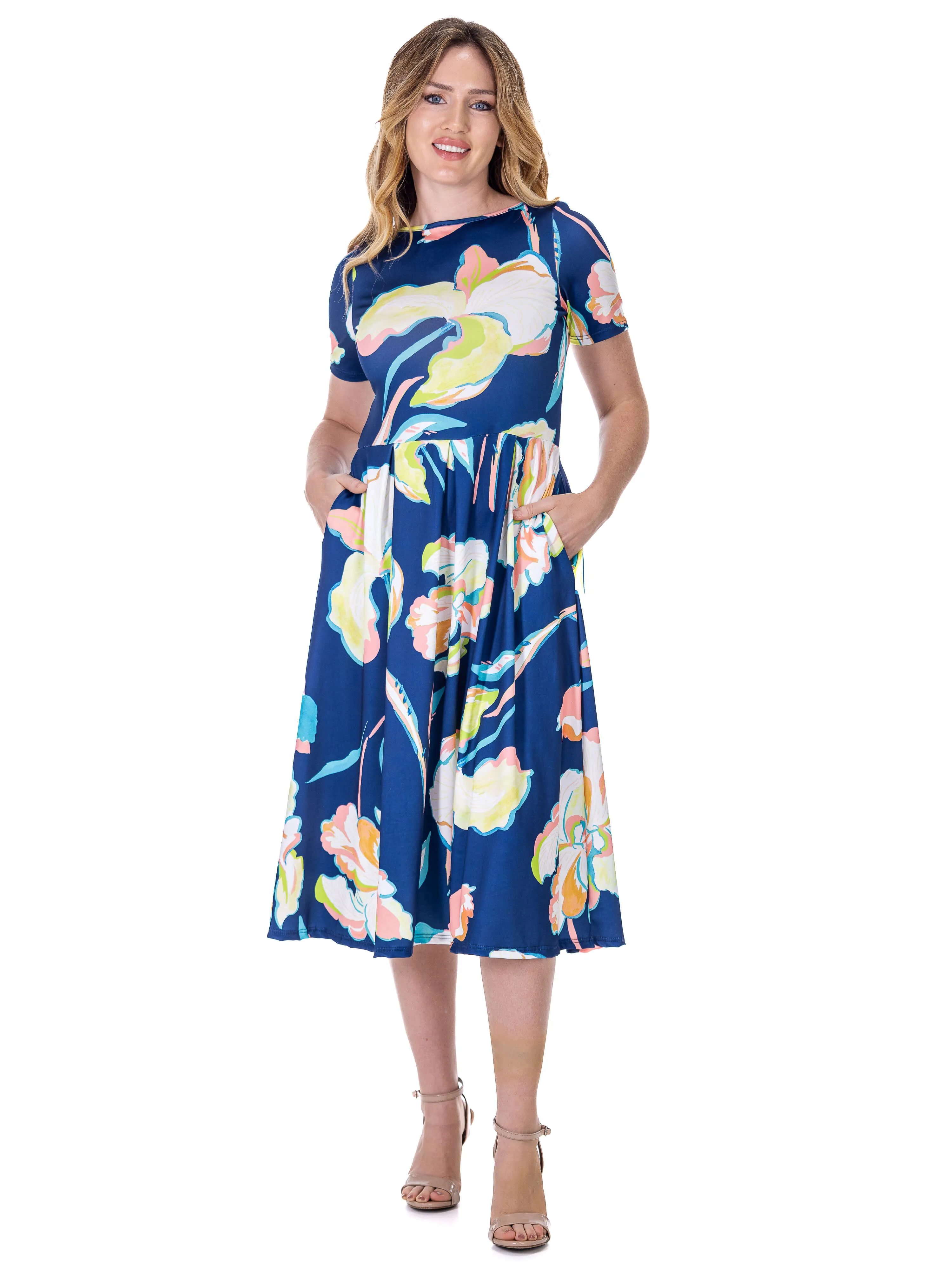 Womens Blue Floral Short Sleeve Pleated Flare Midi Pocket Dress sold by 24/7 Comfort Apparel product image thumbnail 3