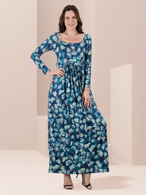 Blue Abstract Long Sleeve Pleated Maxi Dress sold by 24/7 Comfort Apparel