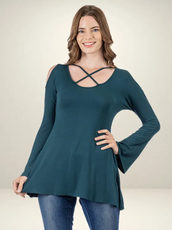 Criss Cross Cold Shoulder Long Sleeve Top sold by 24/7 Comfort Apparel