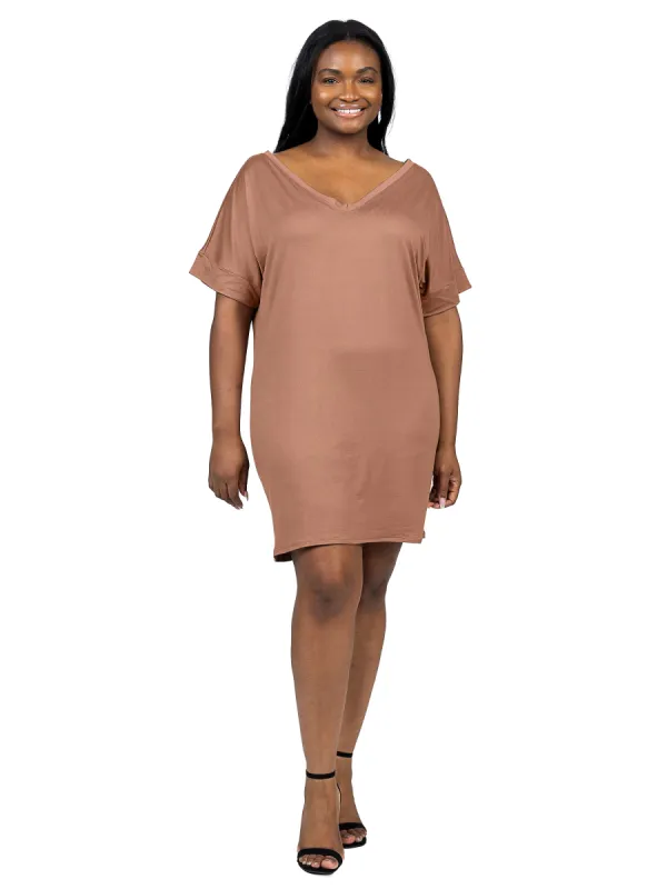 Plus Size Solid Color Loose Fit V Neck T Shirt Style Knee Length Dress sold by 24/7 Comfort Apparel