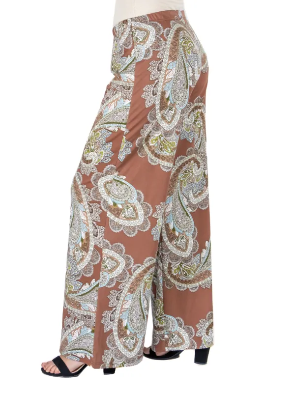 Brown Paisley Print Elastic Waist Palazzo Pants sold by 24/7 Comfort Apparel