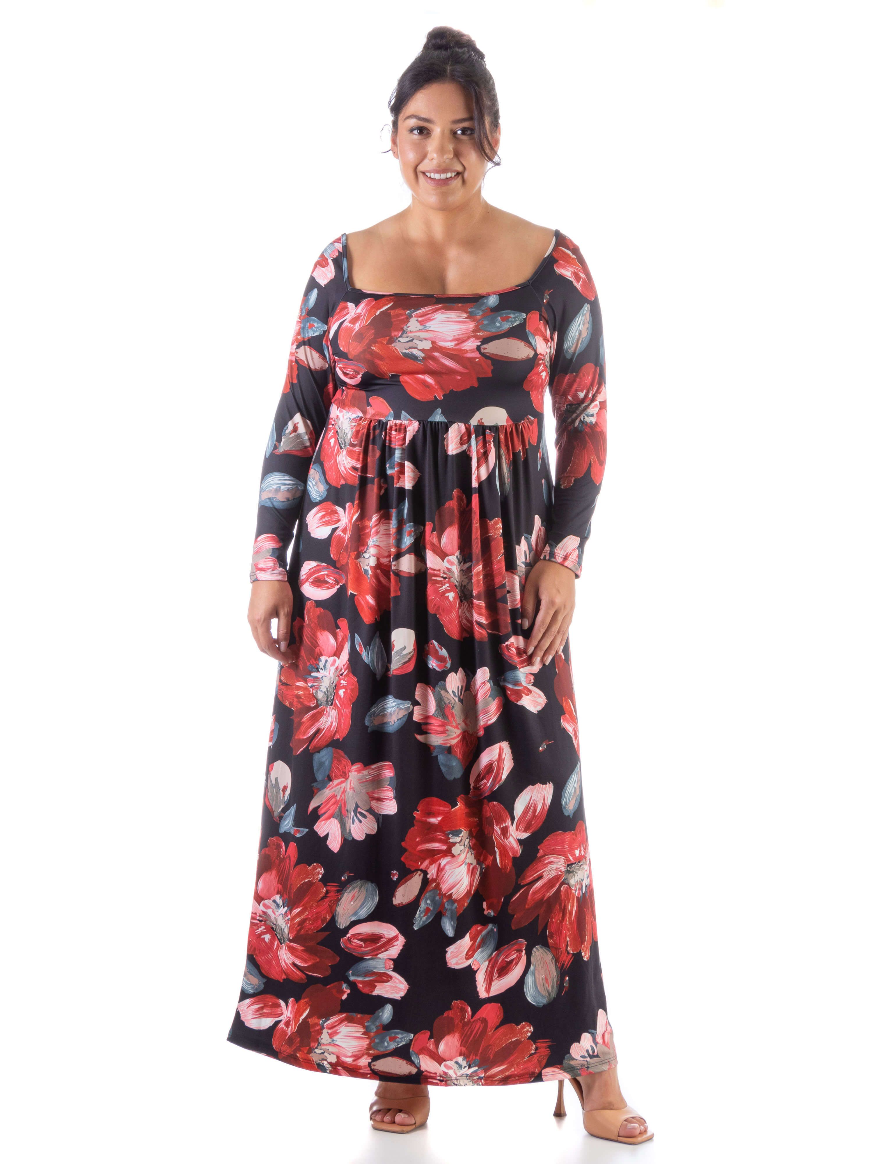 Red and Black Long Sleeve Pleated Plus Size Maxi Dress sold by 24/7 Comfort Apparel