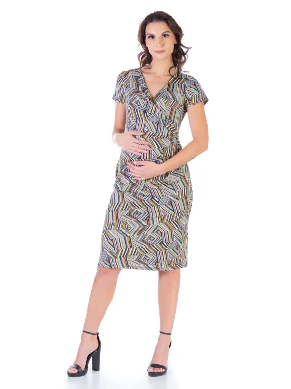Geo Print Maternity Short Sleeve Faux Wrap Dress sold by 24/7 Comfort Apparel