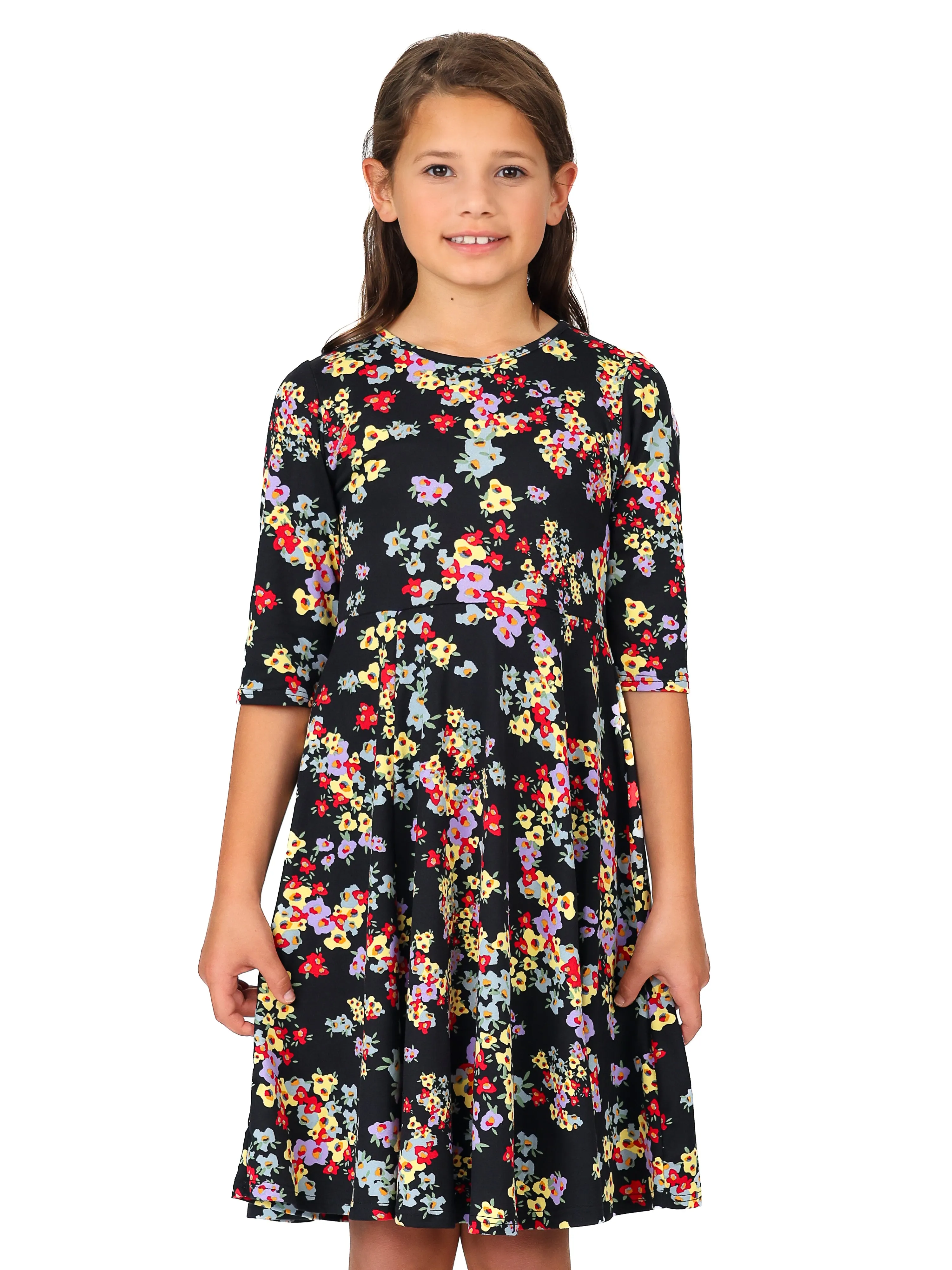 24seven Comfort Apparel Knee Length Floral Print Fit and Flare Girls Dress sold by 24/7 Comfort Apparel product image thumbnail 2