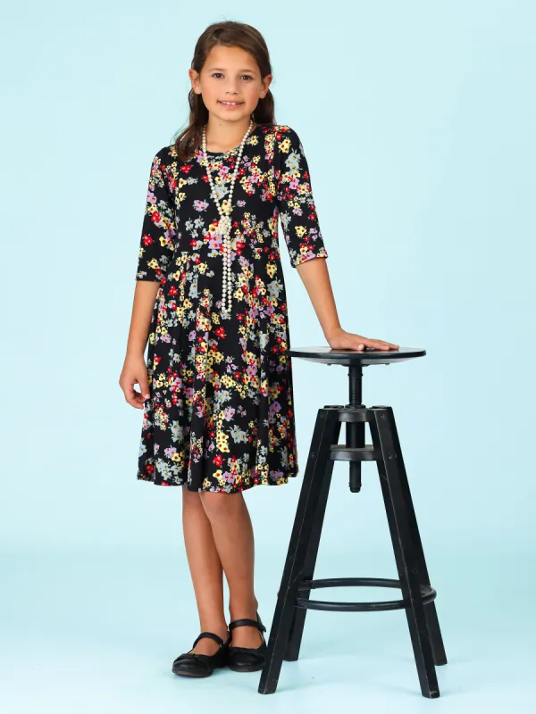 24seven Comfort Apparel Knee Length Floral Print Fit and Flare Girls Dress sold by 24/7 Comfort Apparel