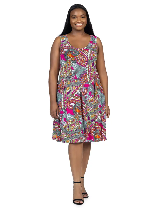 Pink Paisley Print Sleeveless Plus Size Pleated Knee Length Pocket Dress sold by 24/7 Comfort Apparel
