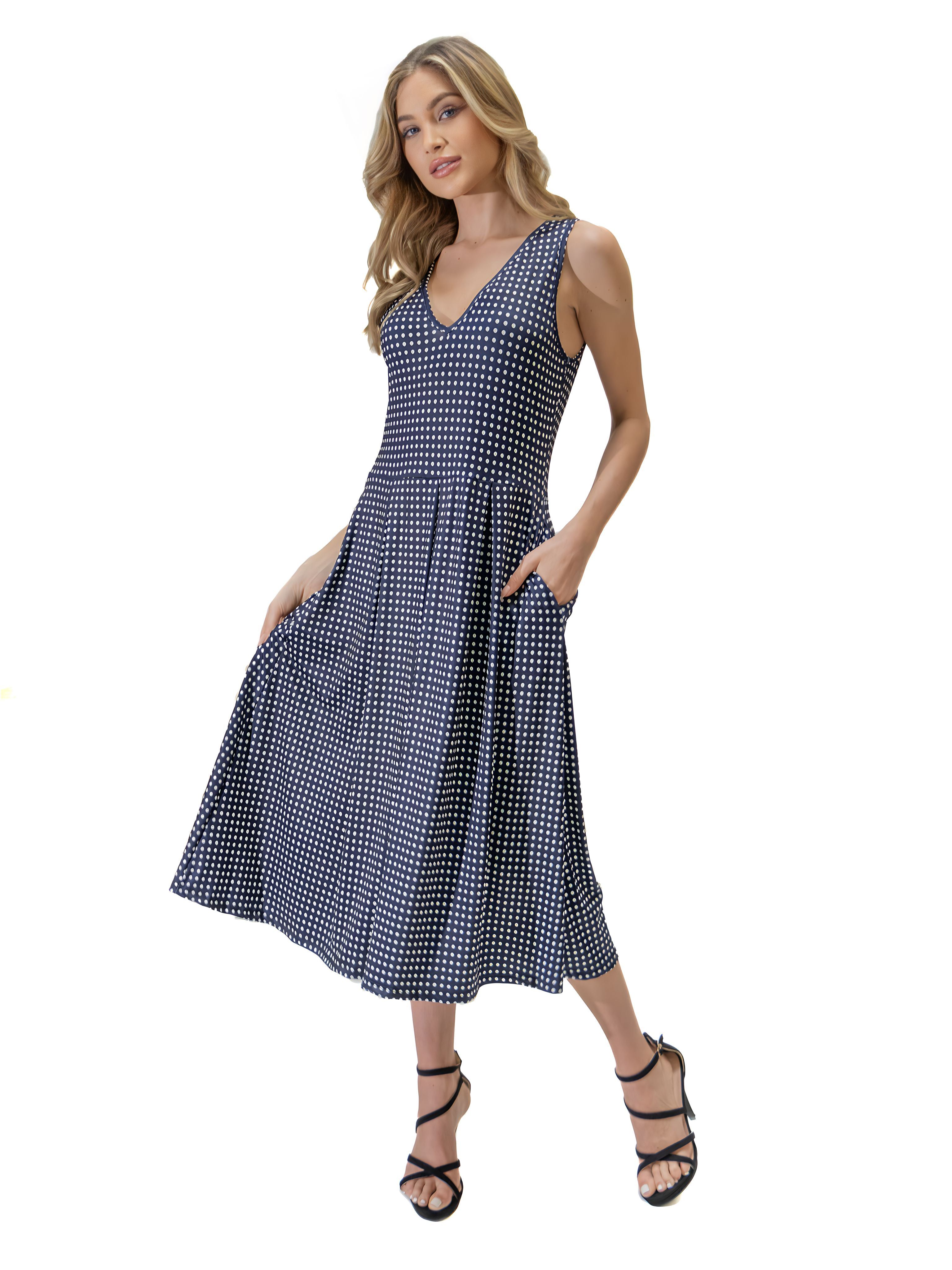 Sleeveless Navy Polka Dot Midi Length Fit and Flare Pocket Dress sold by 24/7 Comfort Apparel product image thumbnail 5