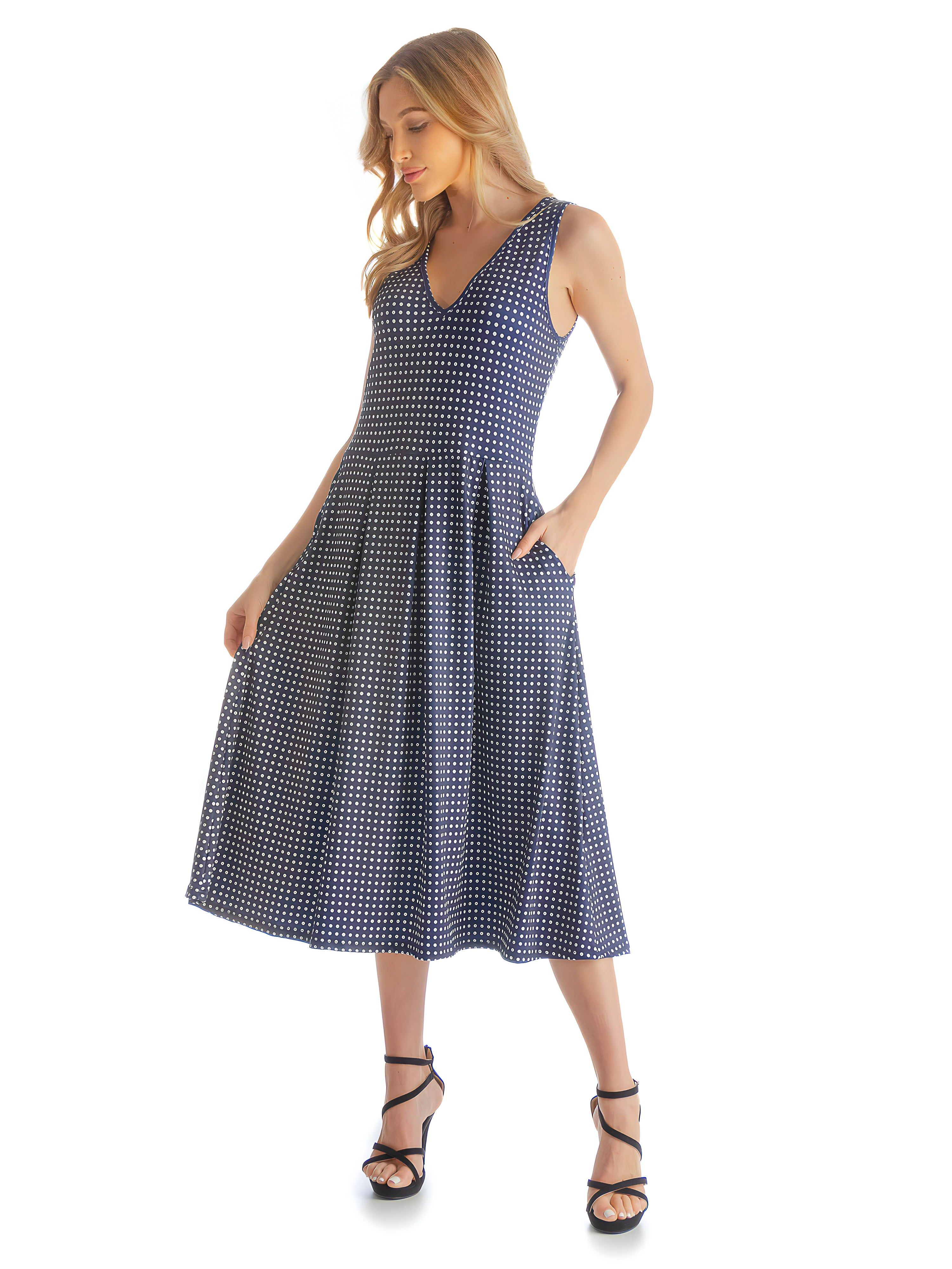 Sleeveless Navy Polka Dot Midi Length Fit and Flare Pocket Dress sold by 24/7 Comfort Apparel product image thumbnail 2