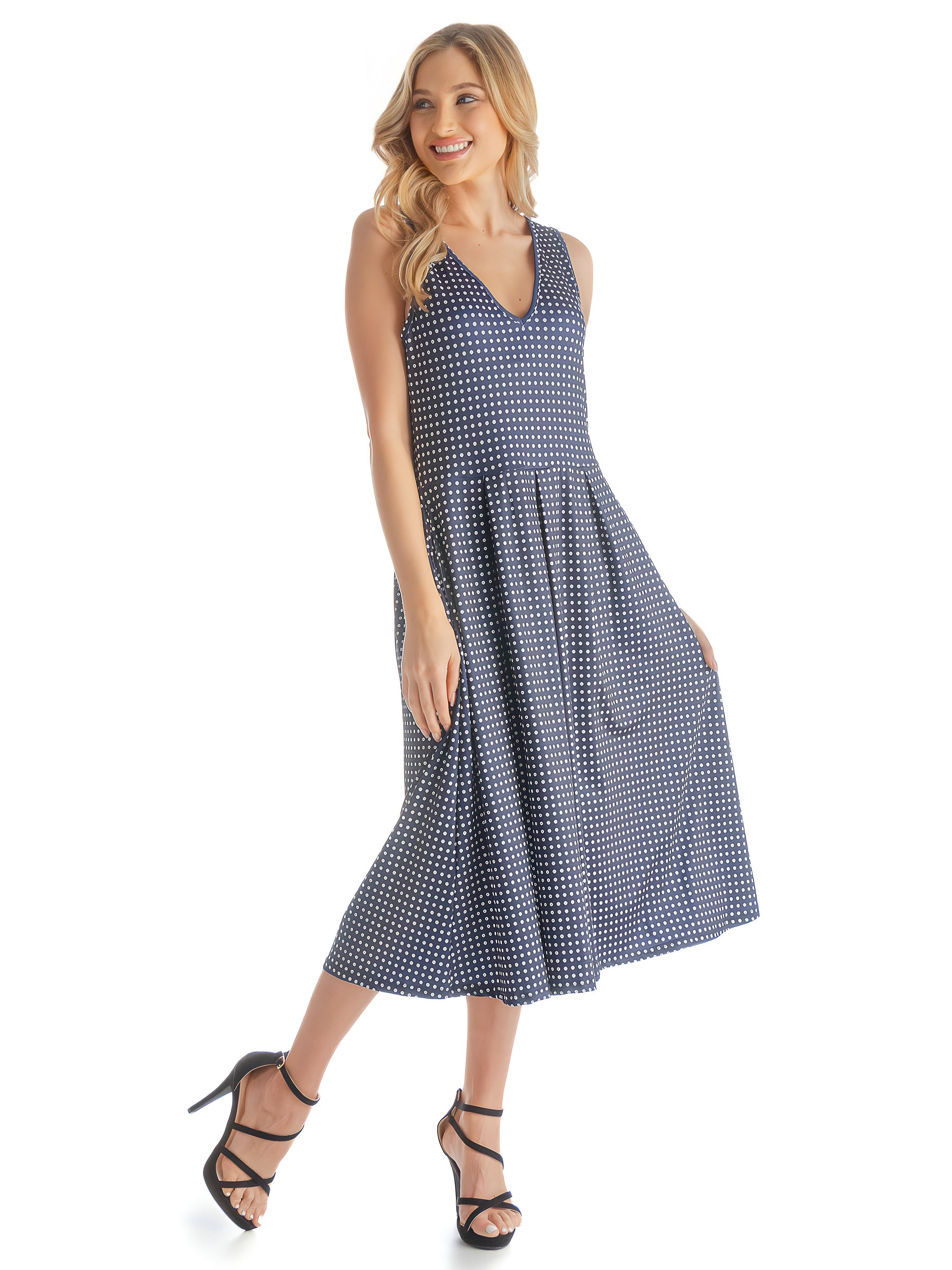 Sleeveless Navy Polka Dot Midi Length Fit and Flare Pocket Dress sold by 24/7 Comfort Apparel product image thumbnail 3