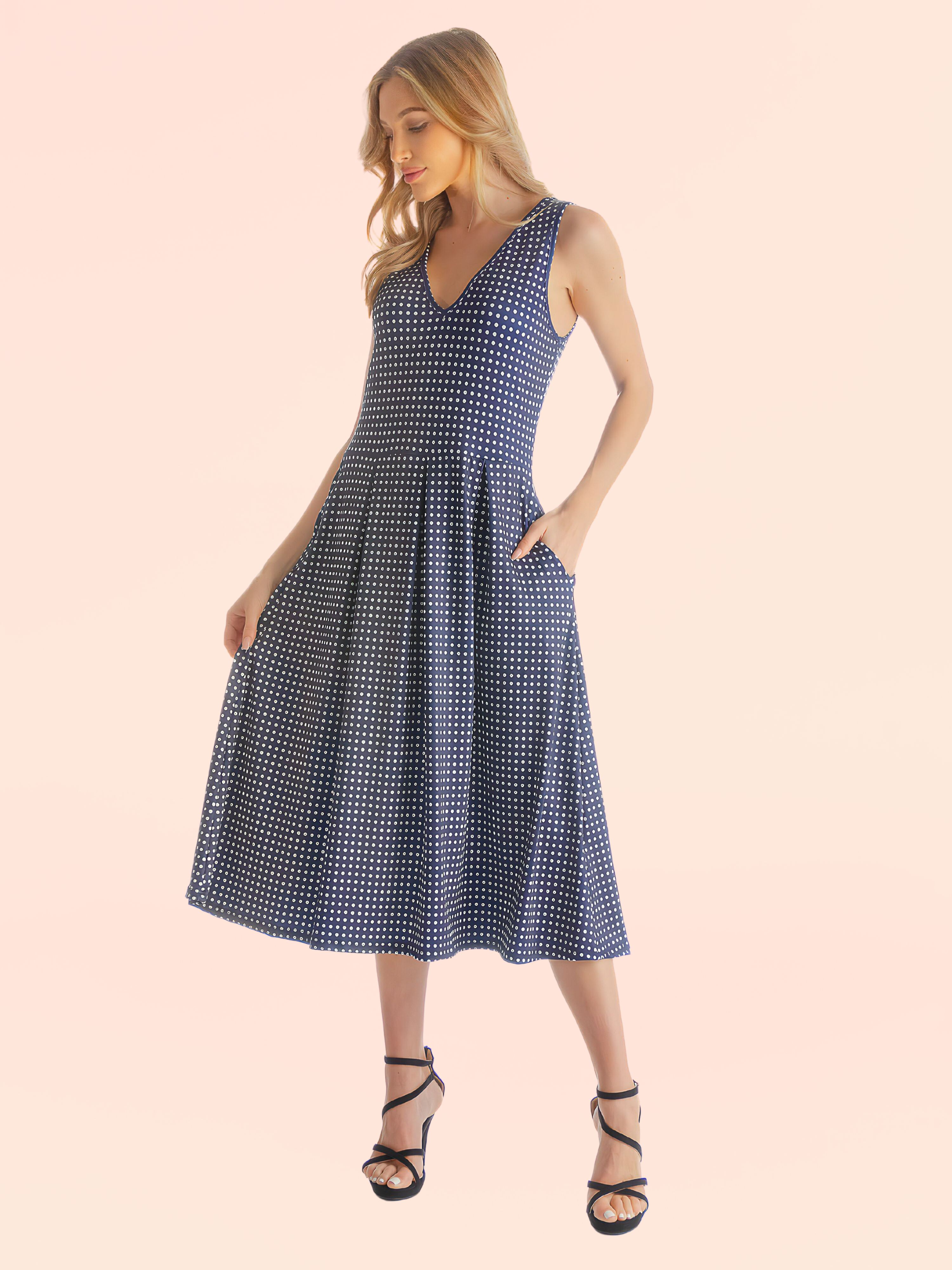Sleeveless Navy Polka Dot Midi Length Fit and Flare Pocket Dress sold by 24/7 Comfort Apparel