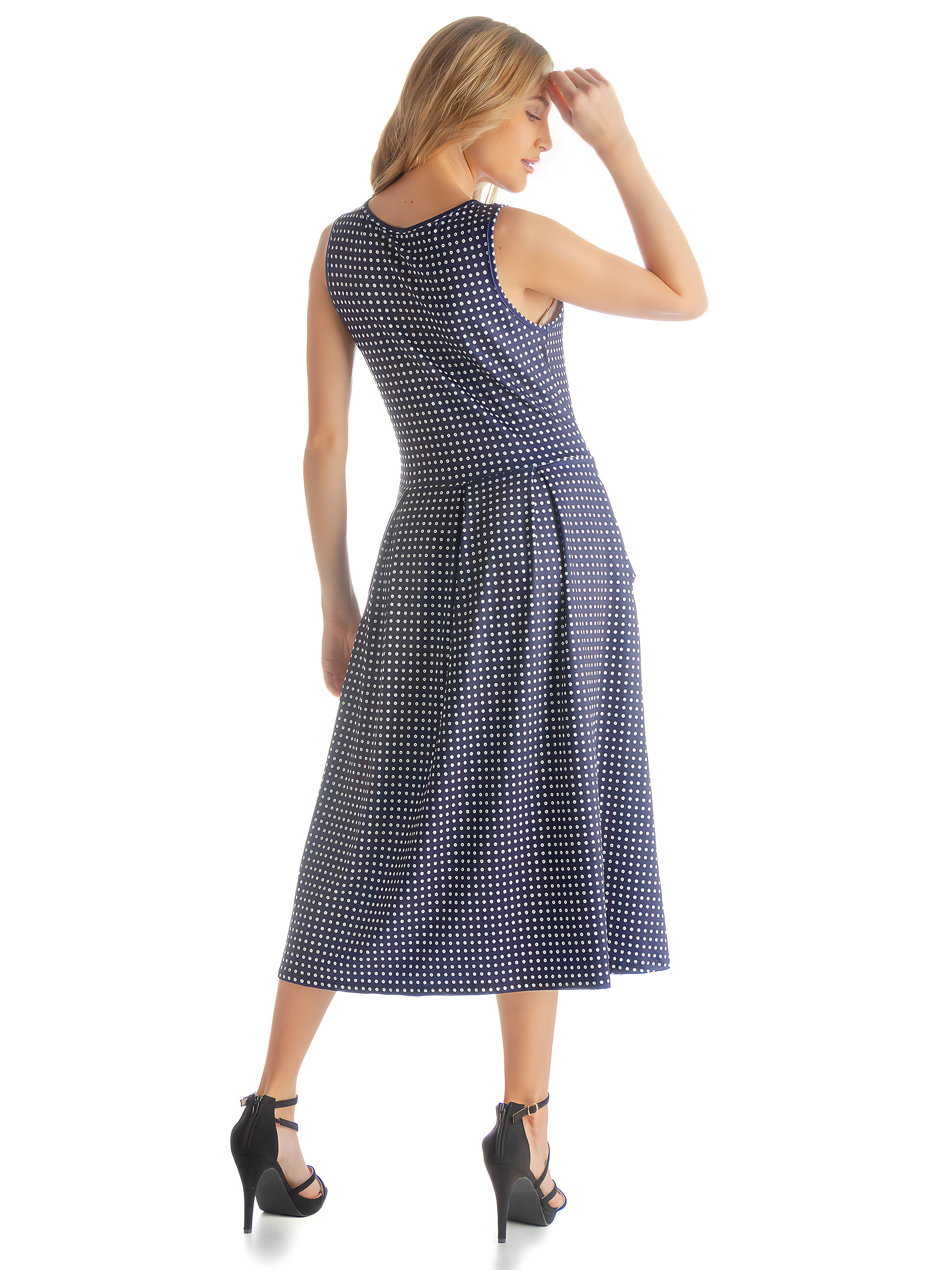 Sleeveless Navy Polka Dot Midi Length Fit and Flare Pocket Dress sold by 24/7 Comfort Apparel product image thumbnail 4