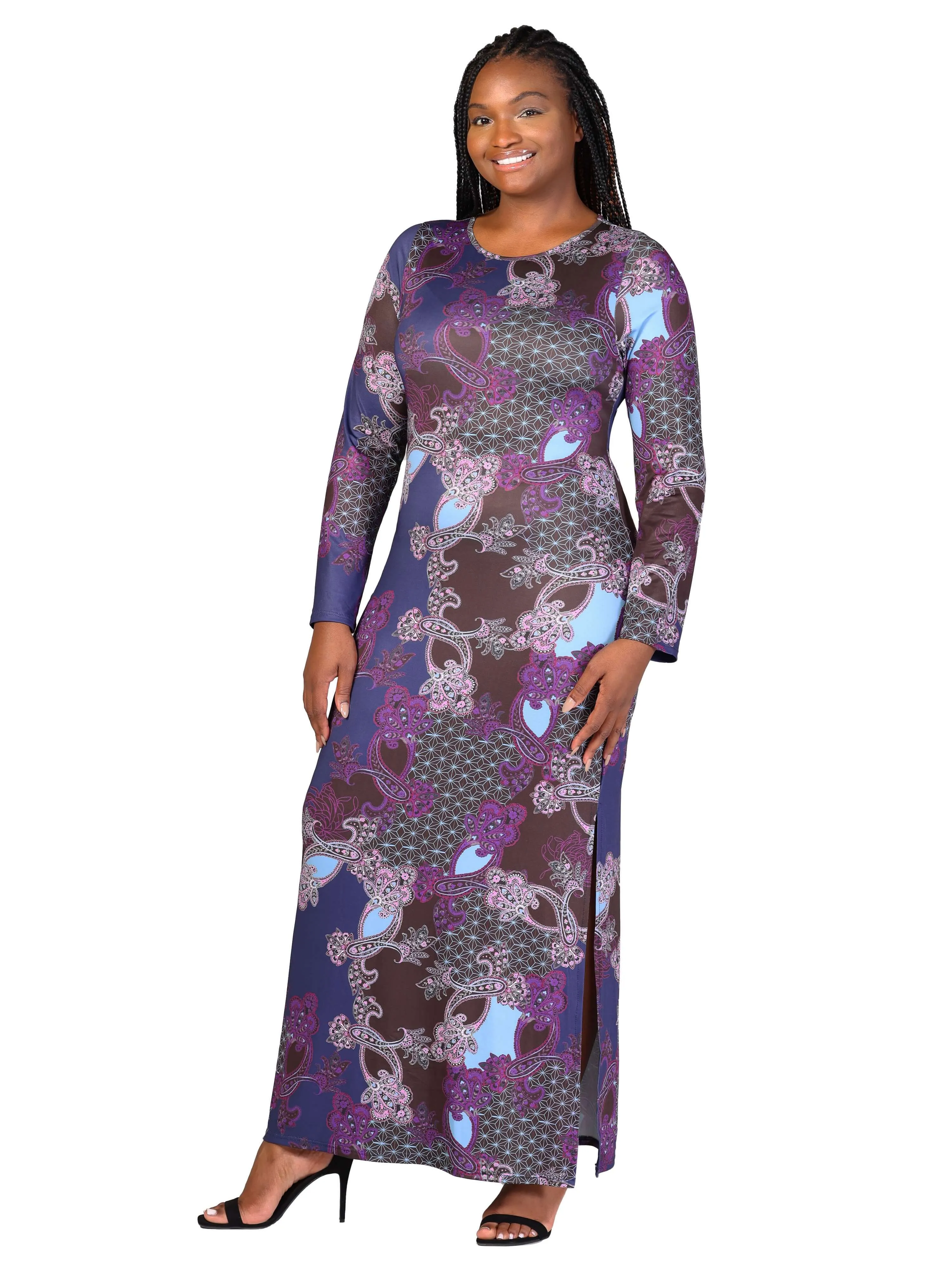 Plus Size Purple Paisley Long Sleeve Side Slit Fitted Maxi Dress sold by 24/7 Comfort Apparel product image thumbnail 5
