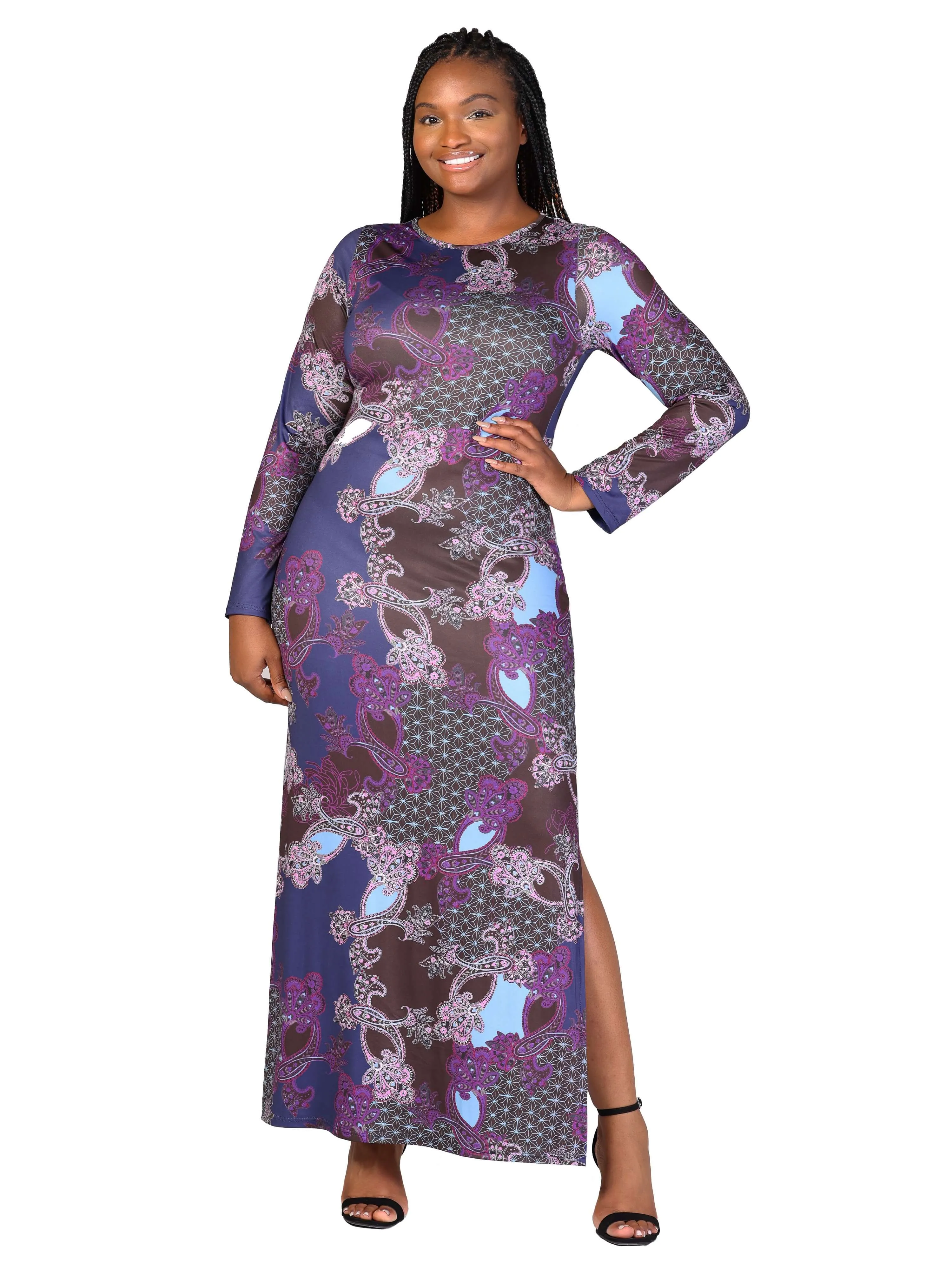 Plus Size Purple Paisley Long Sleeve Side Slit Fitted Maxi Dress sold by 24/7 Comfort Apparel product image thumbnail 4