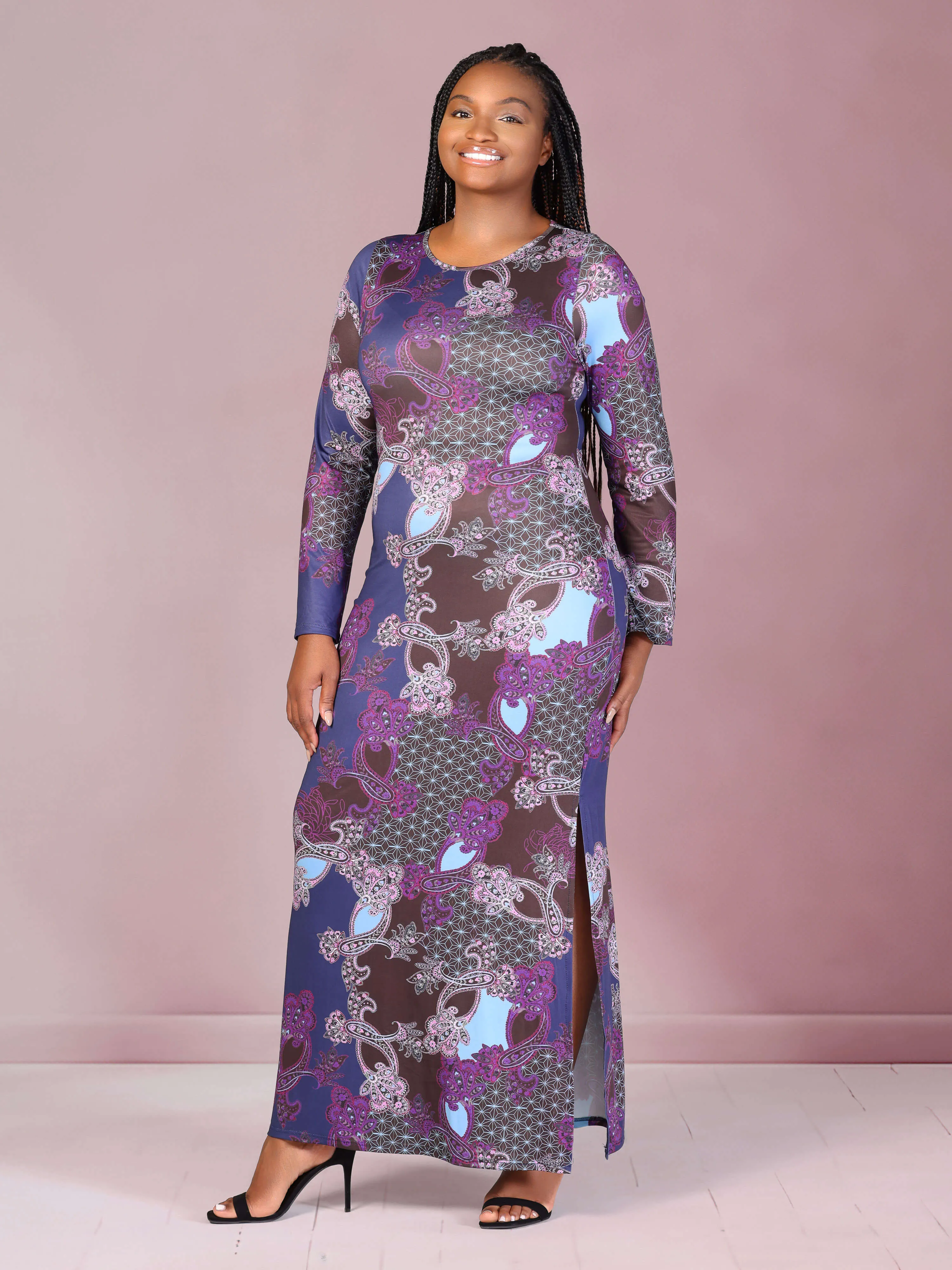 Plus Size Purple Paisley Long Sleeve Side Slit Fitted Maxi Dress sold by 24/7 Comfort Apparel