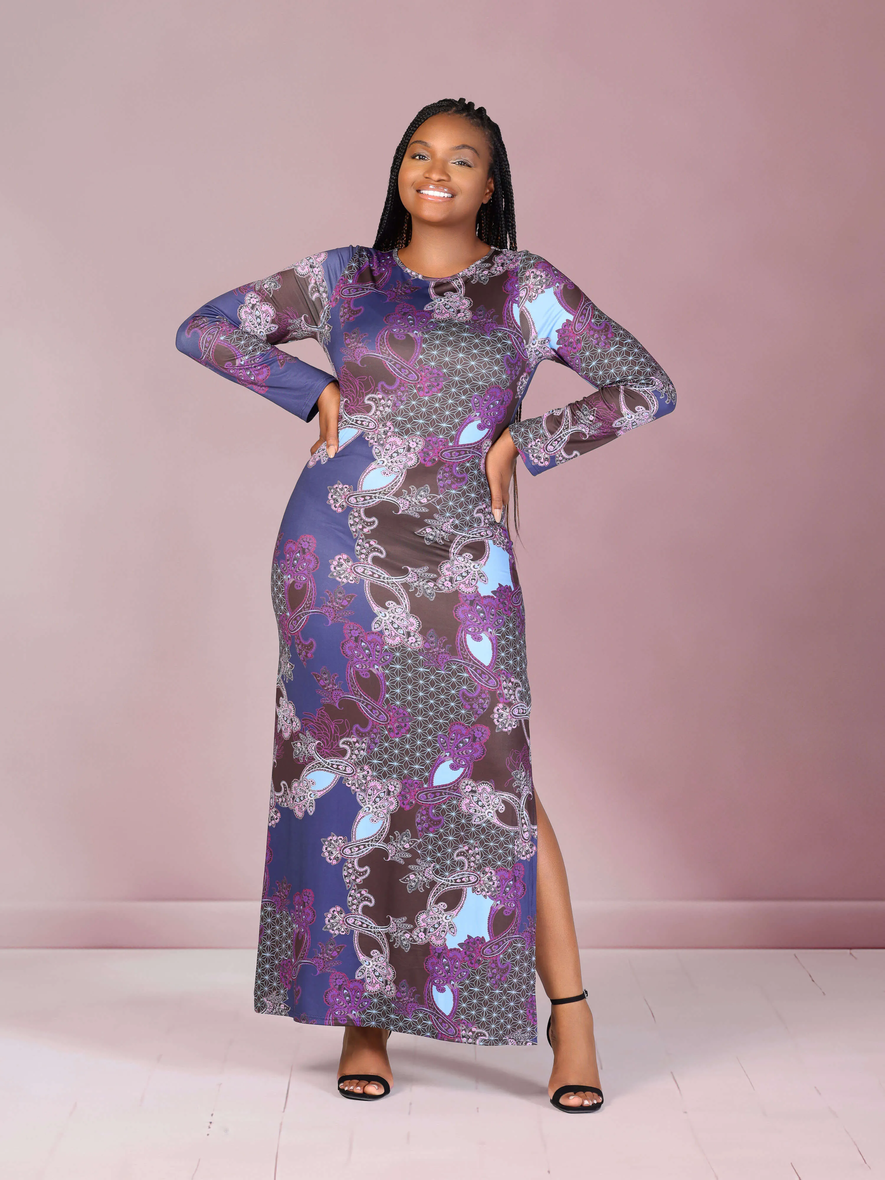 Plus Size Purple Paisley Long Sleeve Side Slit Fitted Maxi Dress sold by 24/7 Comfort Apparel product image thumbnail 2