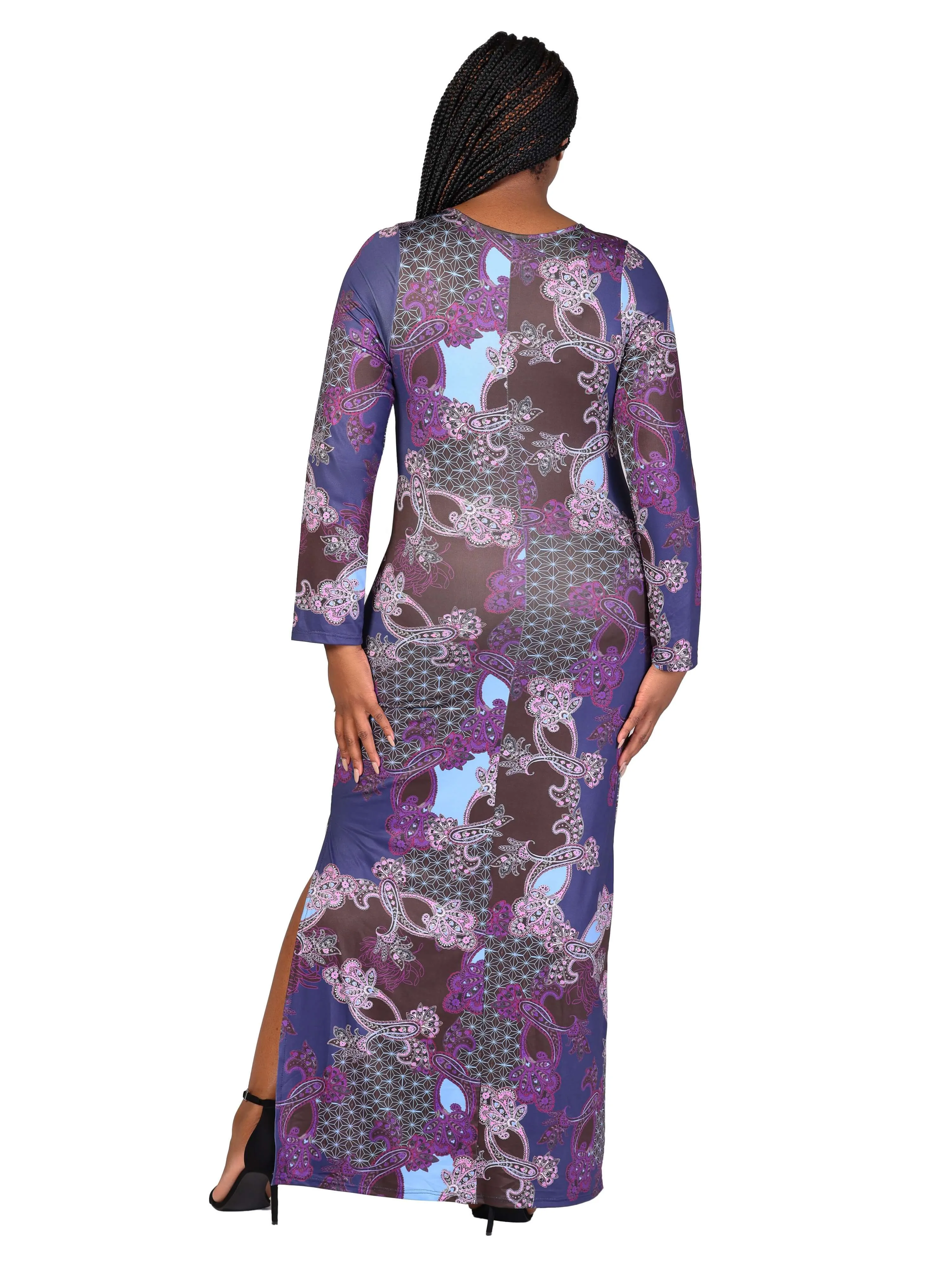 Plus Size Purple Paisley Long Sleeve Side Slit Fitted Maxi Dress sold by 24/7 Comfort Apparel product image thumbnail 3