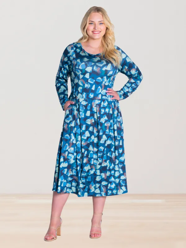 Blue Brushstroke Print Long Sleeve Pleated Plus Size Midi Dress with Pockets sold by 24/7 Comfort Apparel